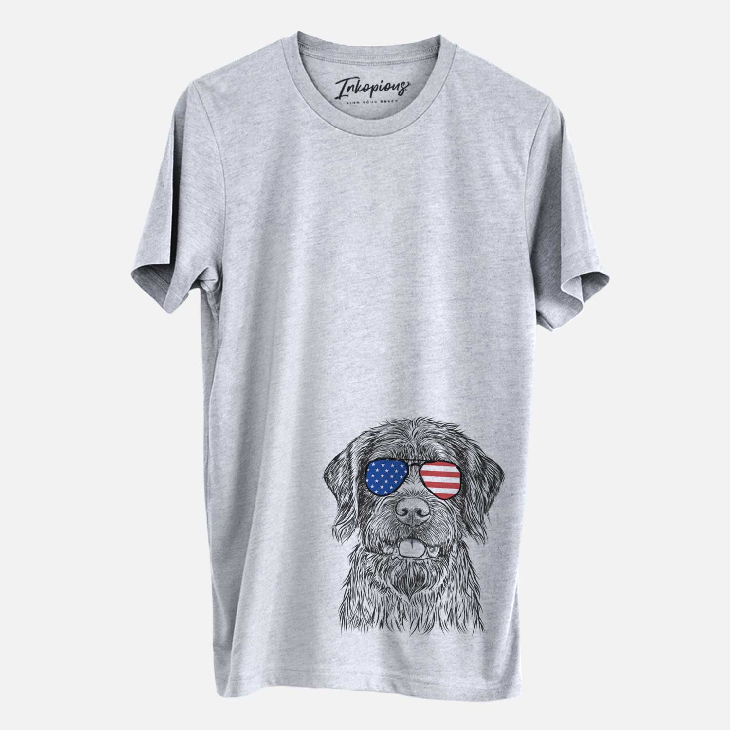 Hand-drawn sketch of Fletcher the Wirehaired Pointing Griffon wearing American flag sunglasses on a Grey Unisex crewneck