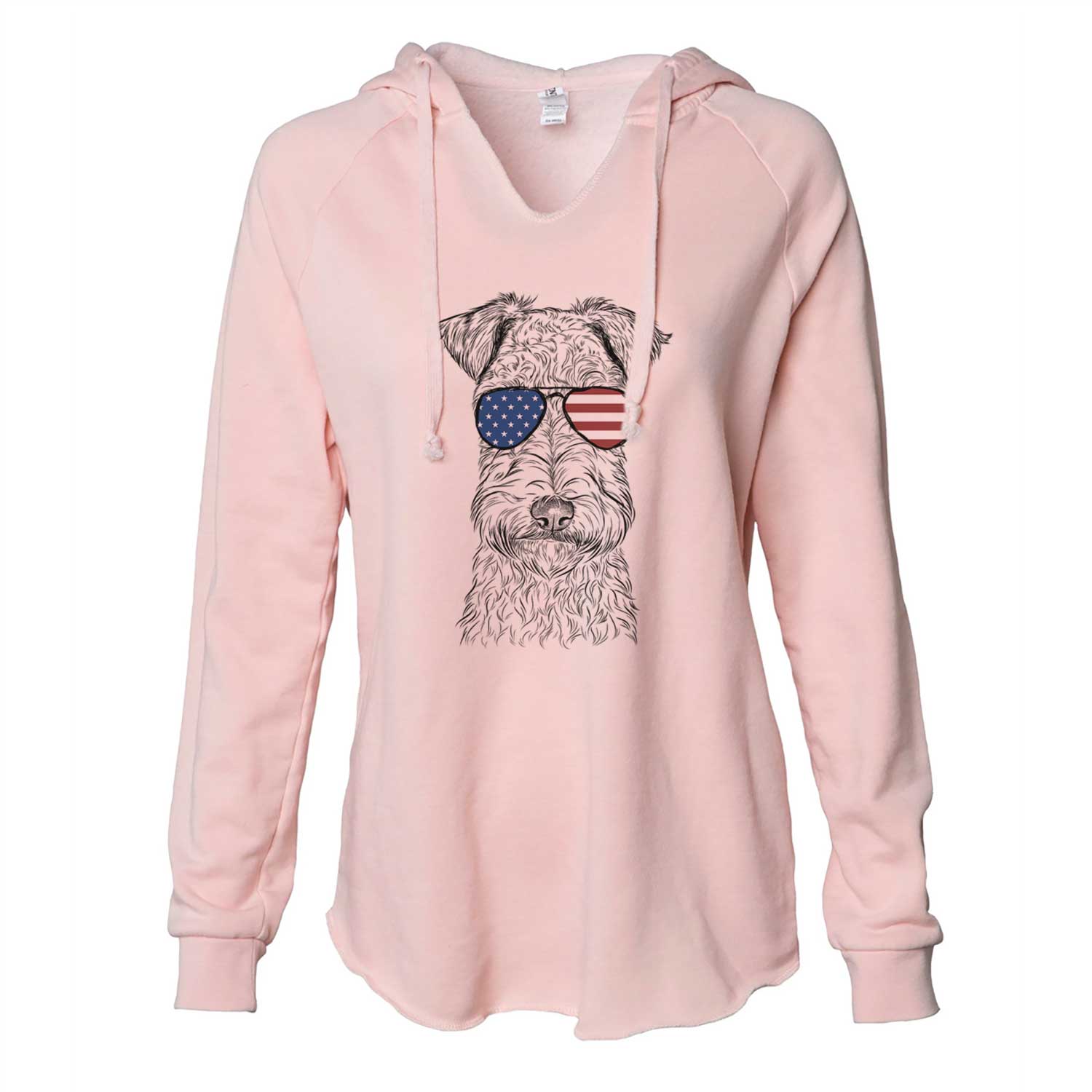 Hand-drawn sketch of Frida the Lakeland Terrier wearing American flag sunglasses on a Blush Cali Wave Hooded Sweatshirt