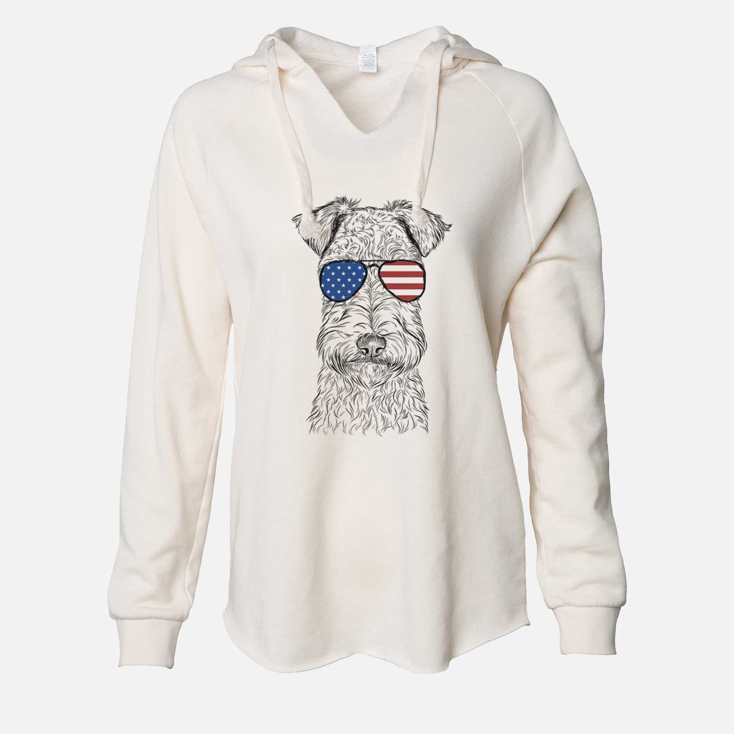 Hand-drawn sketch of Frida the Lakeland Terrier wearing American flag sunglasses on a Bone Cali Wave Hooded Sweatshirt