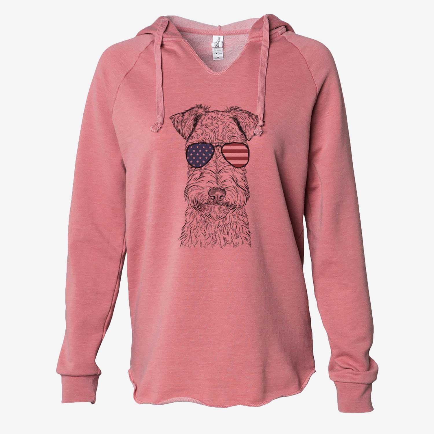 Hand-drawn sketch of Frida the Lakeland Terrier wearing American flag sunglasses on a Dusty Rose Cali Wave Hooded Sweatshirt