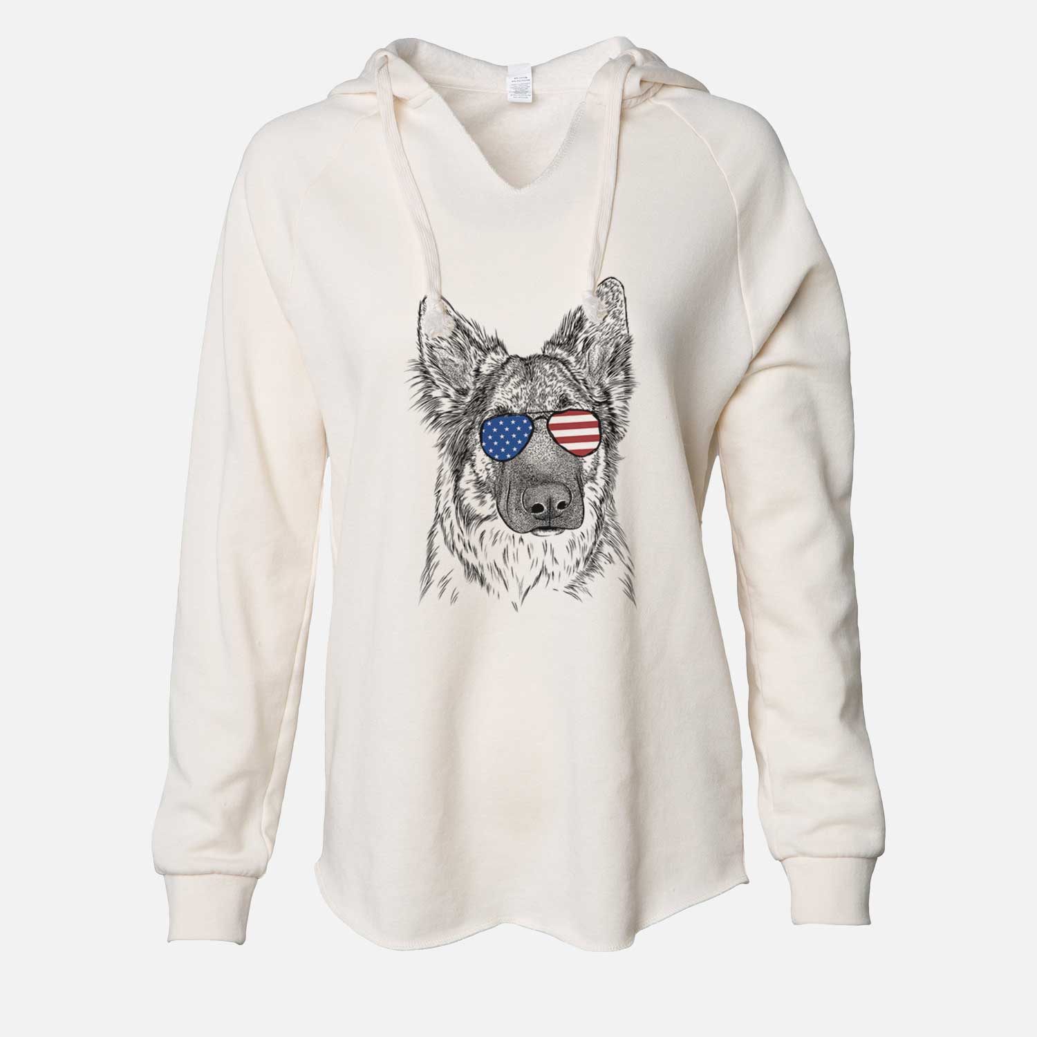 Hand-drawn sketch of Geddy the Shiloh Shepherd wearing American flag sunglasses on a Bone Cali Wave Hooded Sweatshirt