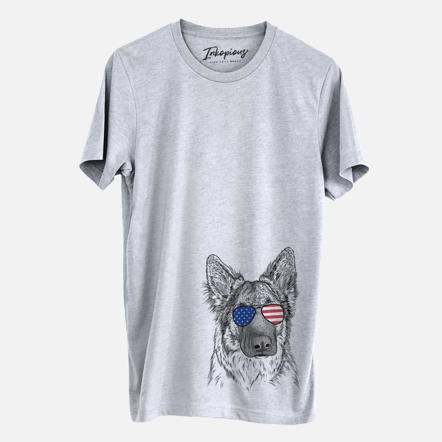 Hand-drawn sketch of Geddy the Shiloh Shepherd wearing American flag sunglasses on a Grey Unisex crewneck
