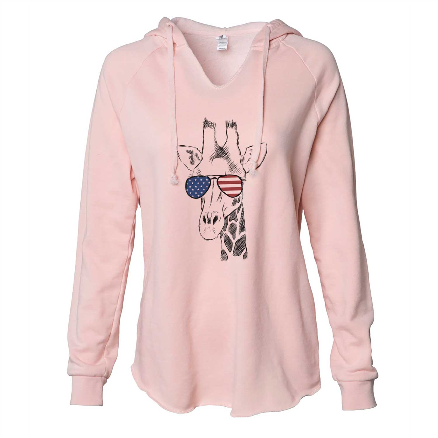 Hand-drawn sketch of Geoffrey the Giraffe wearing American flag sunglasses on a Blush Cali Wave Hooded Sweatshirt