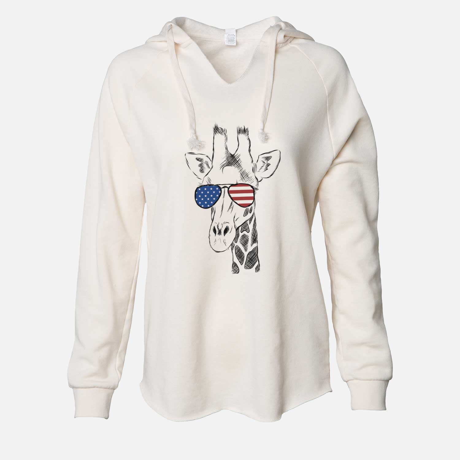 Hand-drawn sketch of Geoffrey the Giraffe wearing American flag sunglasses on a Bone Cali Wave Hooded Sweatshirt