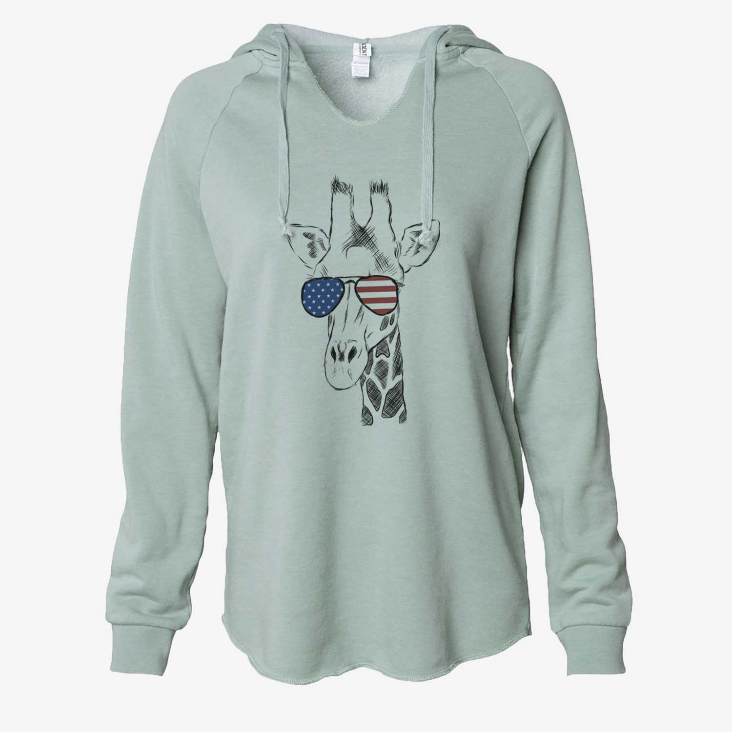 Hand-drawn sketch of Geoffrey the Giraffe wearing American flag sunglasses on a Sage Cali Wave Hooded Sweatshirt