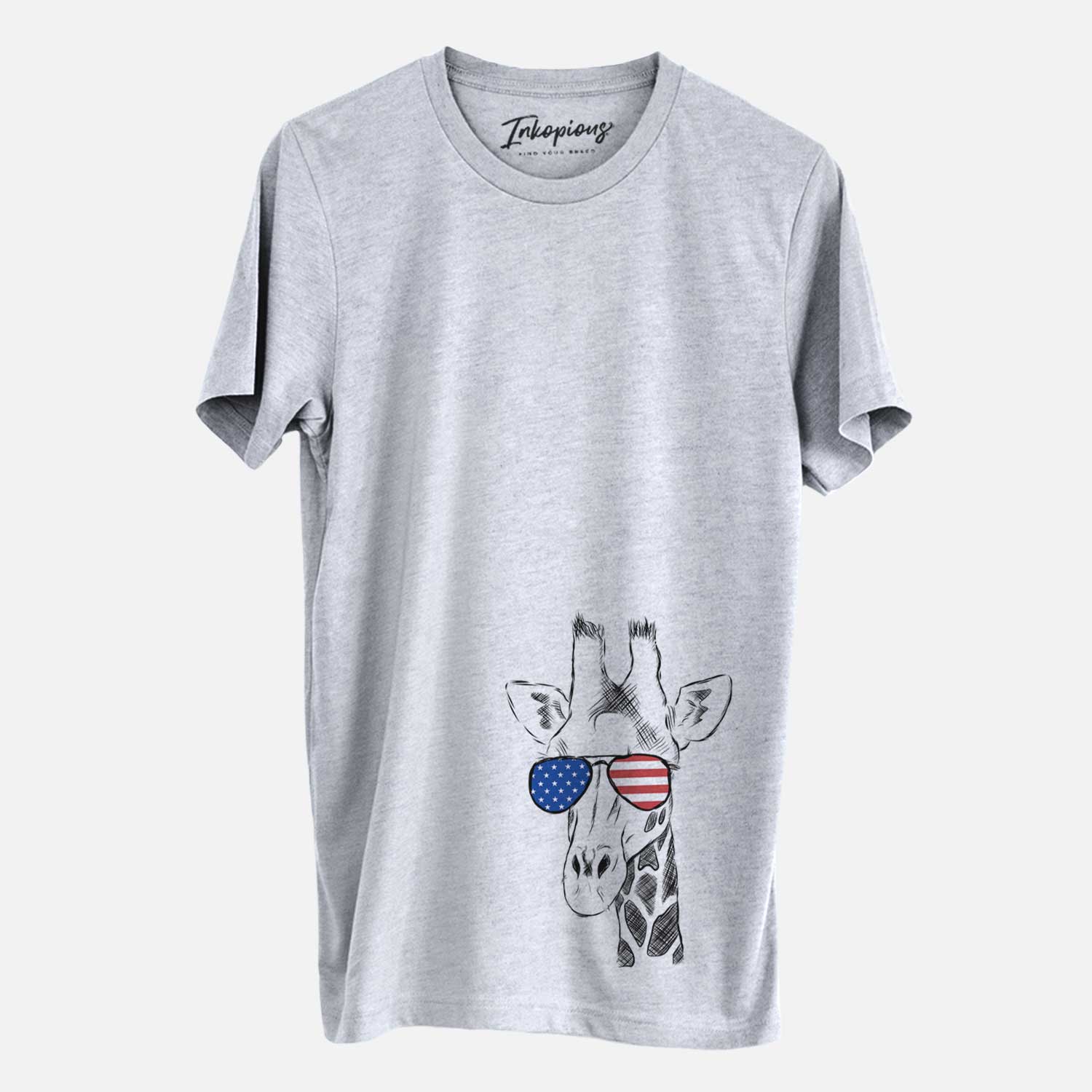 Hand-drawn sketch of Geoffrey the Giraffe wearing American flag sunglasses on a Grey Unisex crewneck