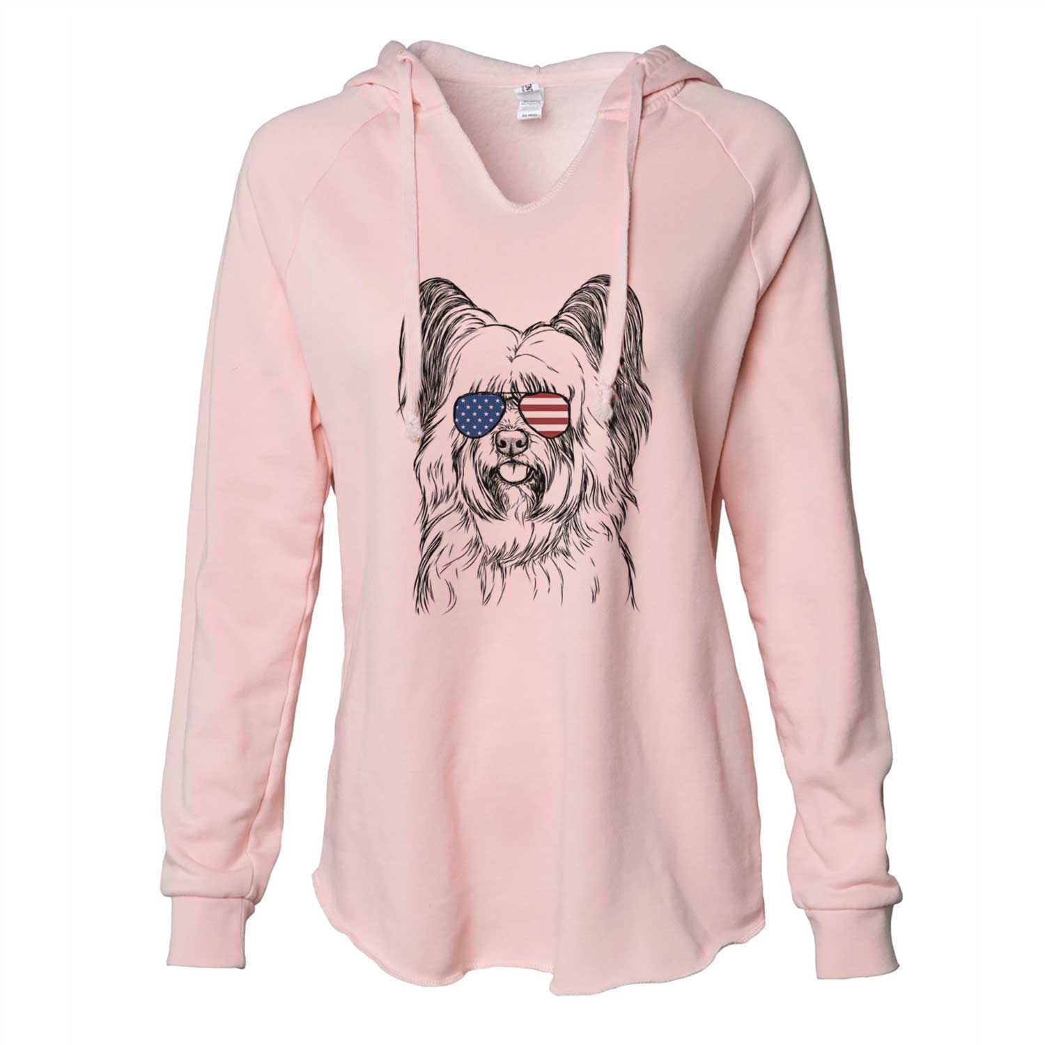 Hand-drawn sketch of Gideon the Skye Terrier wearing American flag sunglasses on a Blush Cali Wave Hooded Sweatshirt