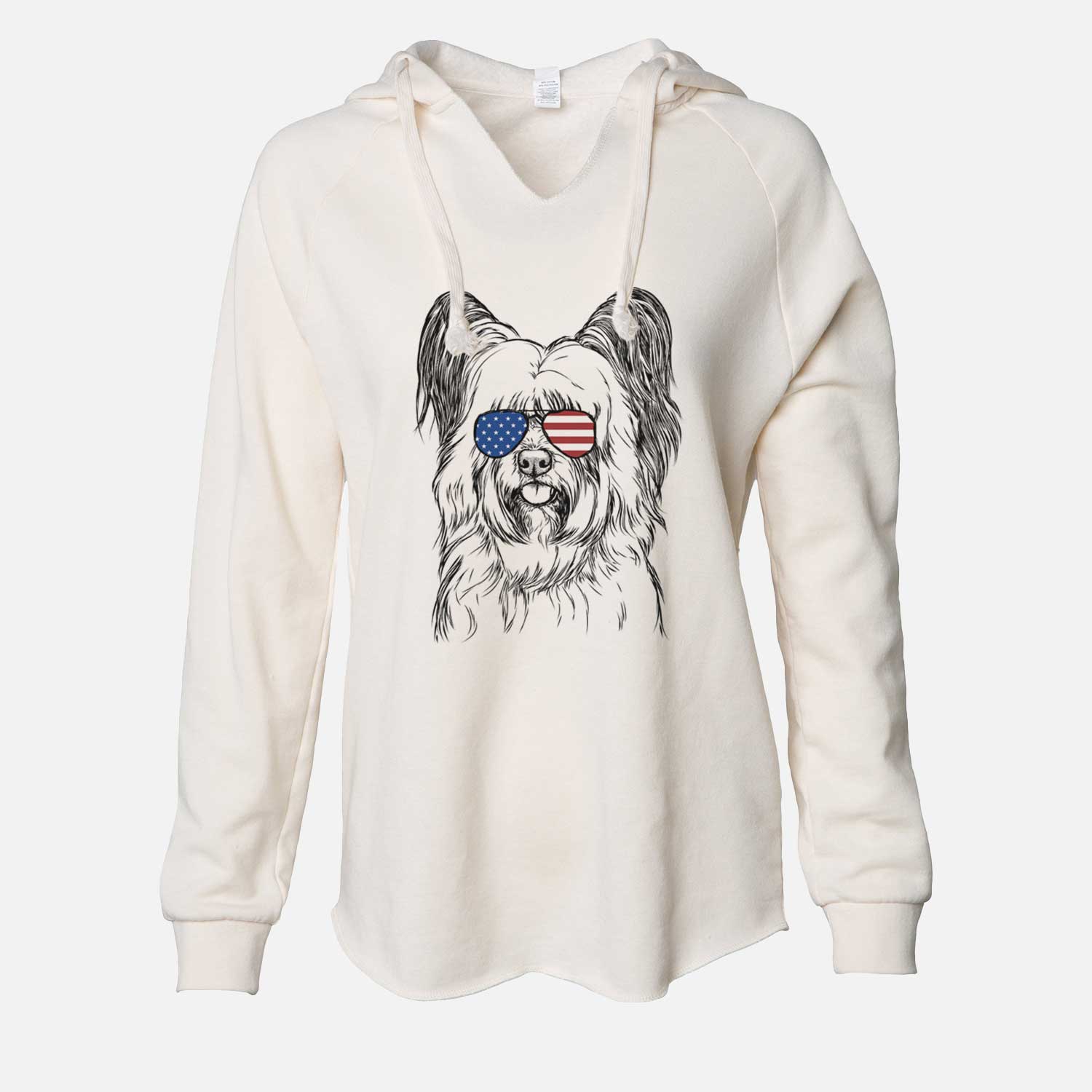 Hand-drawn sketch of Gideon the Skye Terrier wearing American flag sunglasses on a Bone Cali Wave Hooded Sweatshirt