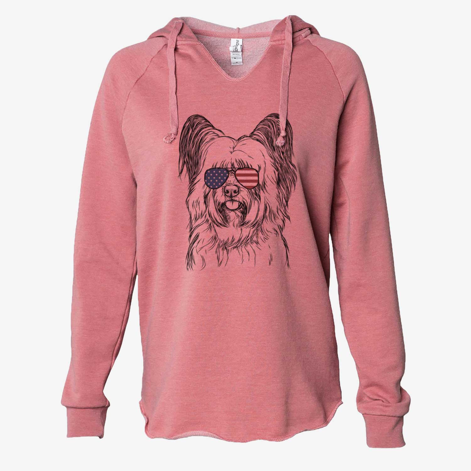 Hand-drawn sketch of Gideon the Skye Terrier wearing American flag sunglasses on a Dusty Rose Cali Wave Hooded Sweatshirt