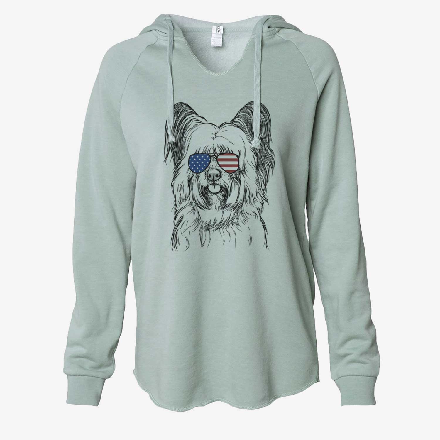 Hand-drawn sketch of Gideon the Skye Terrier wearing American flag sunglasses on a Sage Cali Wave Hooded Sweatshirt