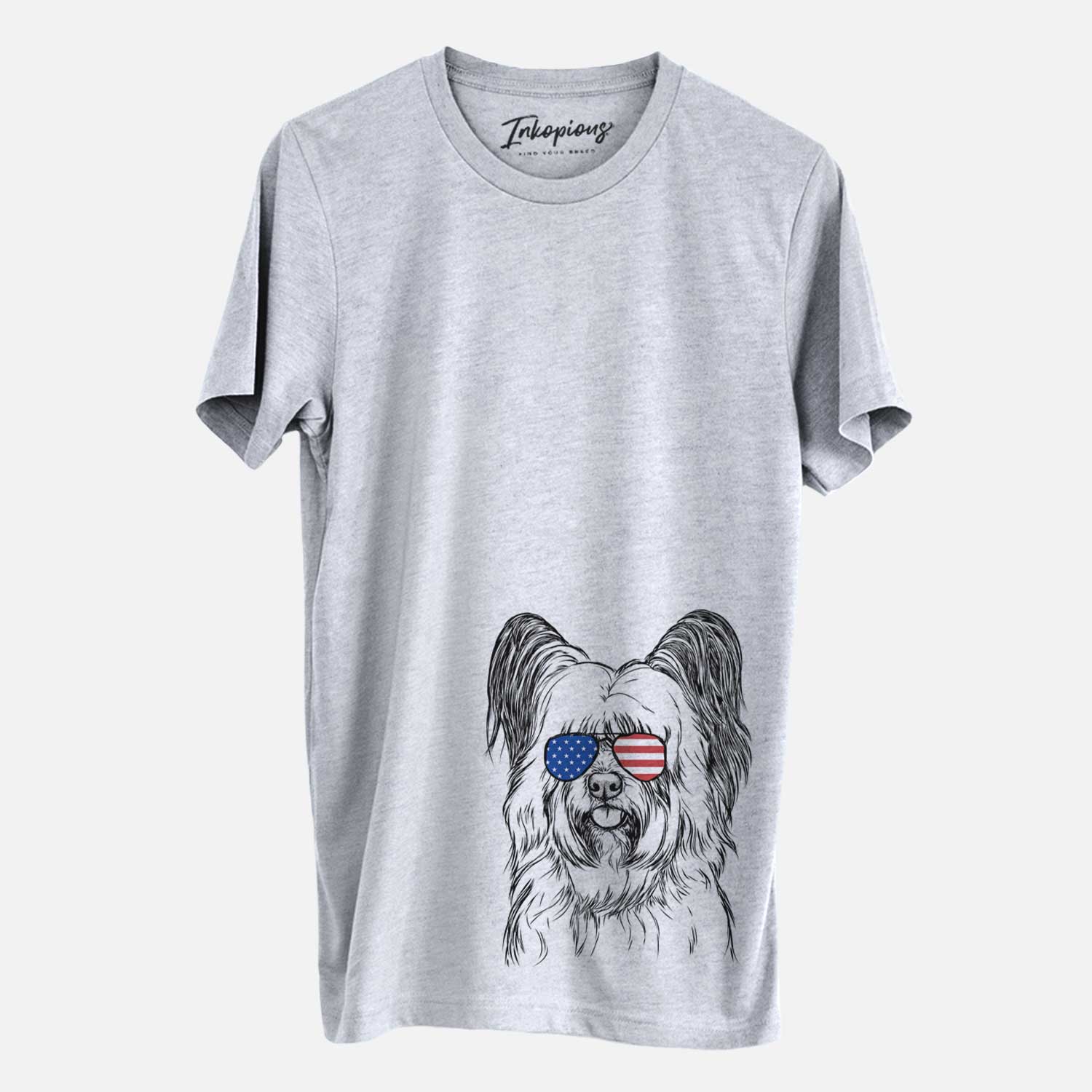Hand-drawn sketch of Gideon the Skye Terrier wearing American flag sunglasses on a Grey Unisex crewneck