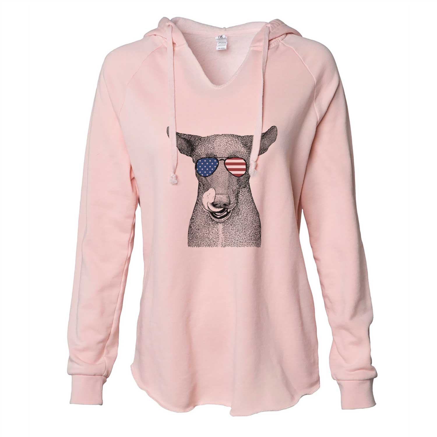 Hand-drawn sketch of Gidget the Mexican Street Dog wearing American flag sunglasses on a Blush Cali Wave Hooded Sweatshirt