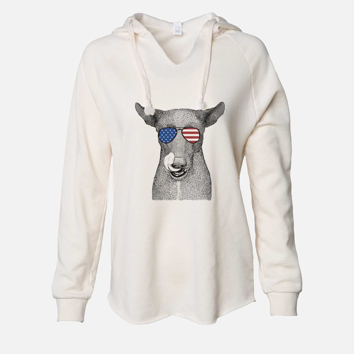 Hand-drawn sketch of Gidget the Mexican Street Dog wearing American flag sunglasses on a Bone Cali Wave Hooded Sweatshirt