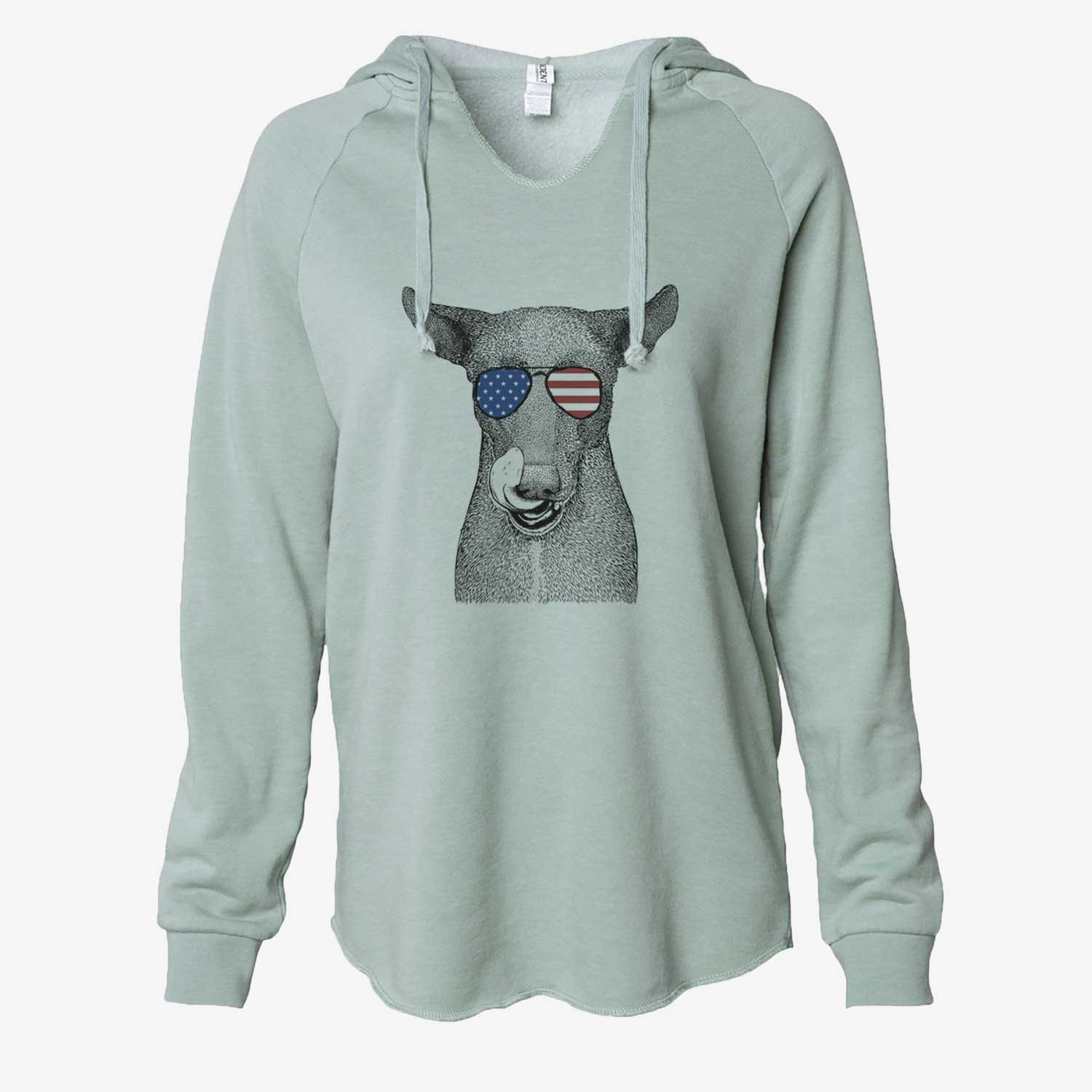 Hand-drawn sketch of Gidget the Mexican Street Dog wearing American flag sunglasses on a Sage Cali Wave Hooded Sweatshirt