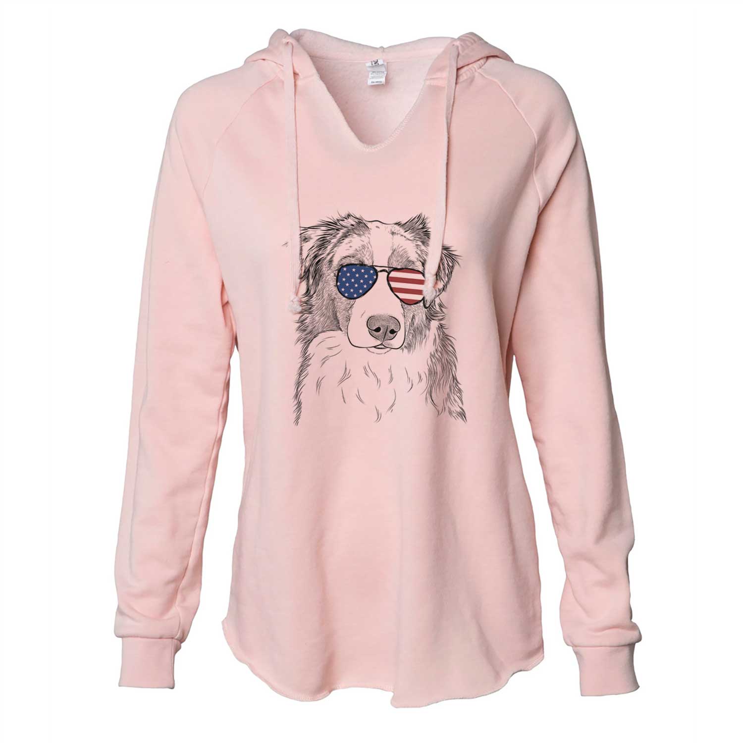 Hand-drawn sketch of Ginger the Australian Shepherd wearing American flag sunglasses on a Blush Cali Wave Hooded Sweatshirt