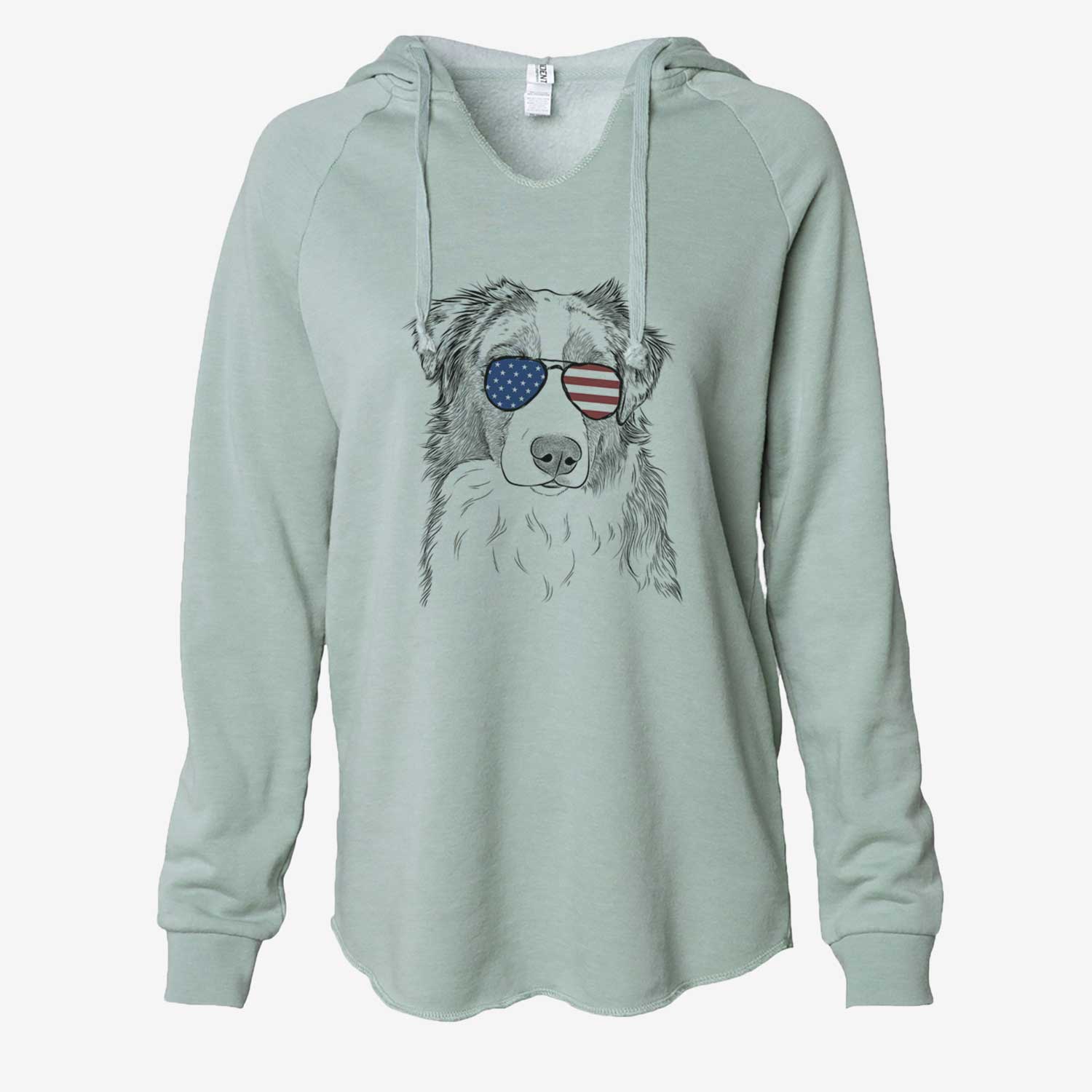 Hand-drawn sketch of Ginger the Australian Shepherd wearing American flag sunglasses on a Sage Cali Wave Hooded Sweatshirt