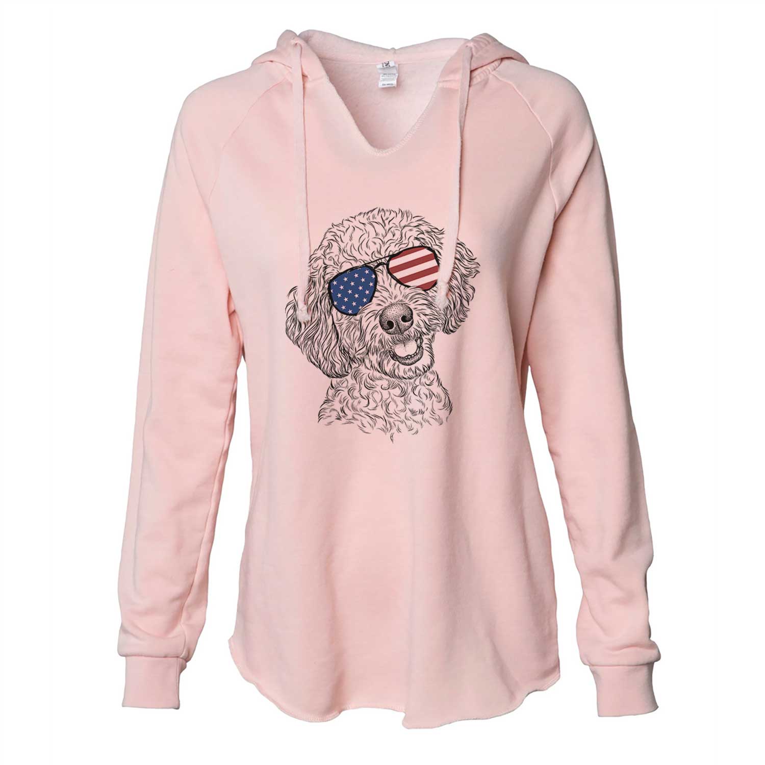 Hand-drawn sketch of Gizmo the Goldendoodle wearing American flag sunglasses on a Blush Cali Wave Hooded Sweatshirt