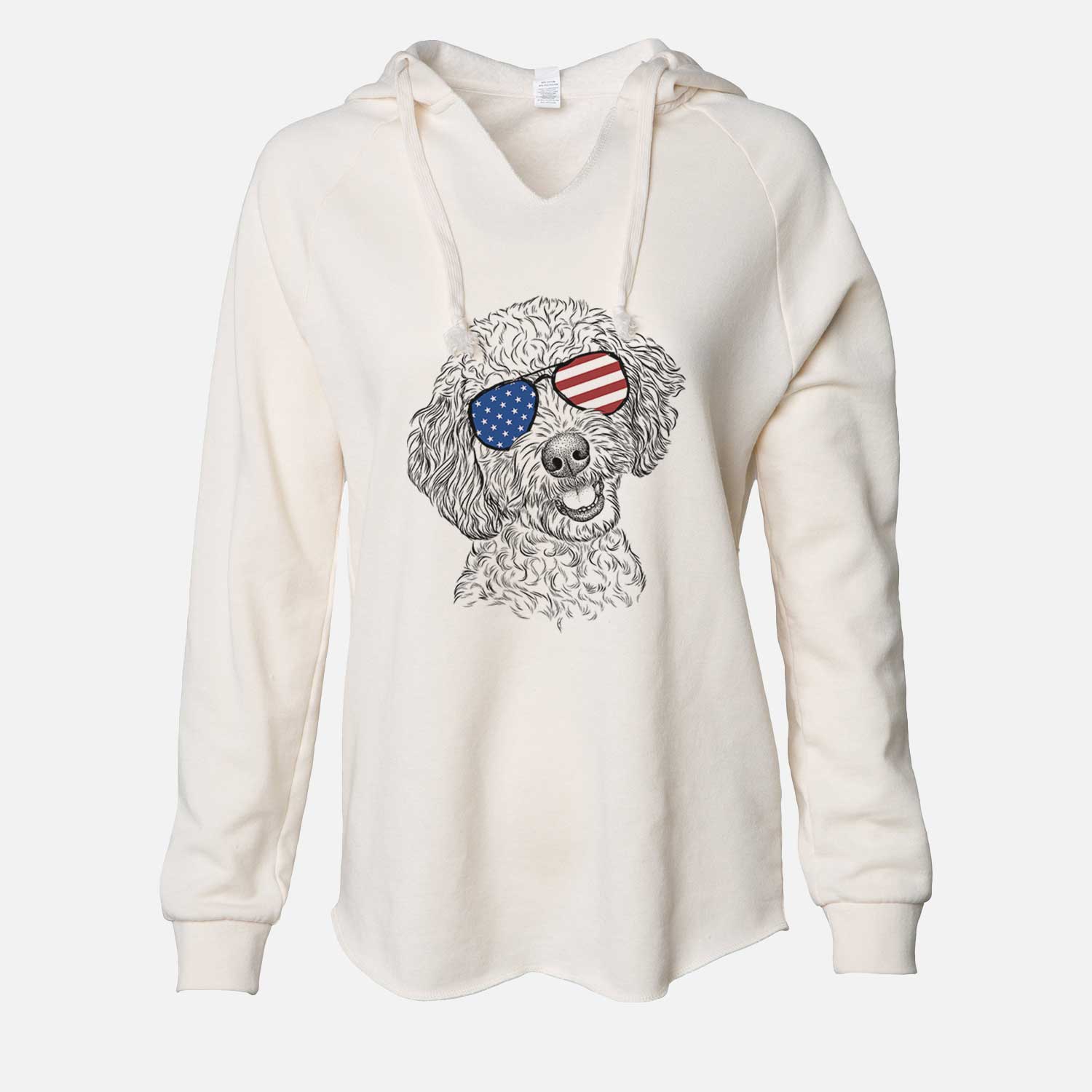 Hand-drawn sketch of Gizmo the Goldendoodle wearing American flag sunglasses on a Bone Cali Wave Hooded Sweatshirt