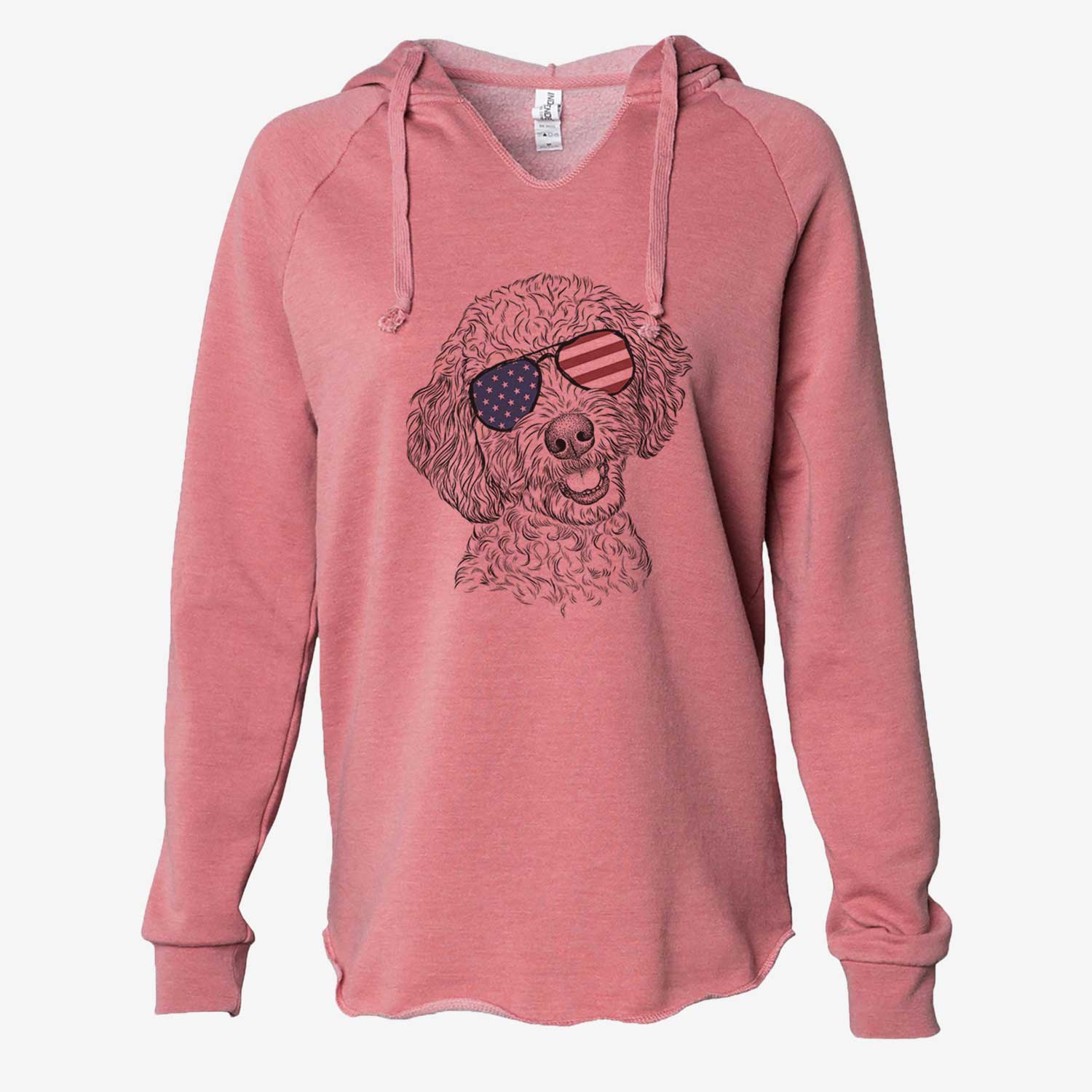 Hand-drawn sketch of Gizmo the Goldendoodle wearing American flag sunglasses on a Dusty Rose Cali Wave Hooded Sweatshirt