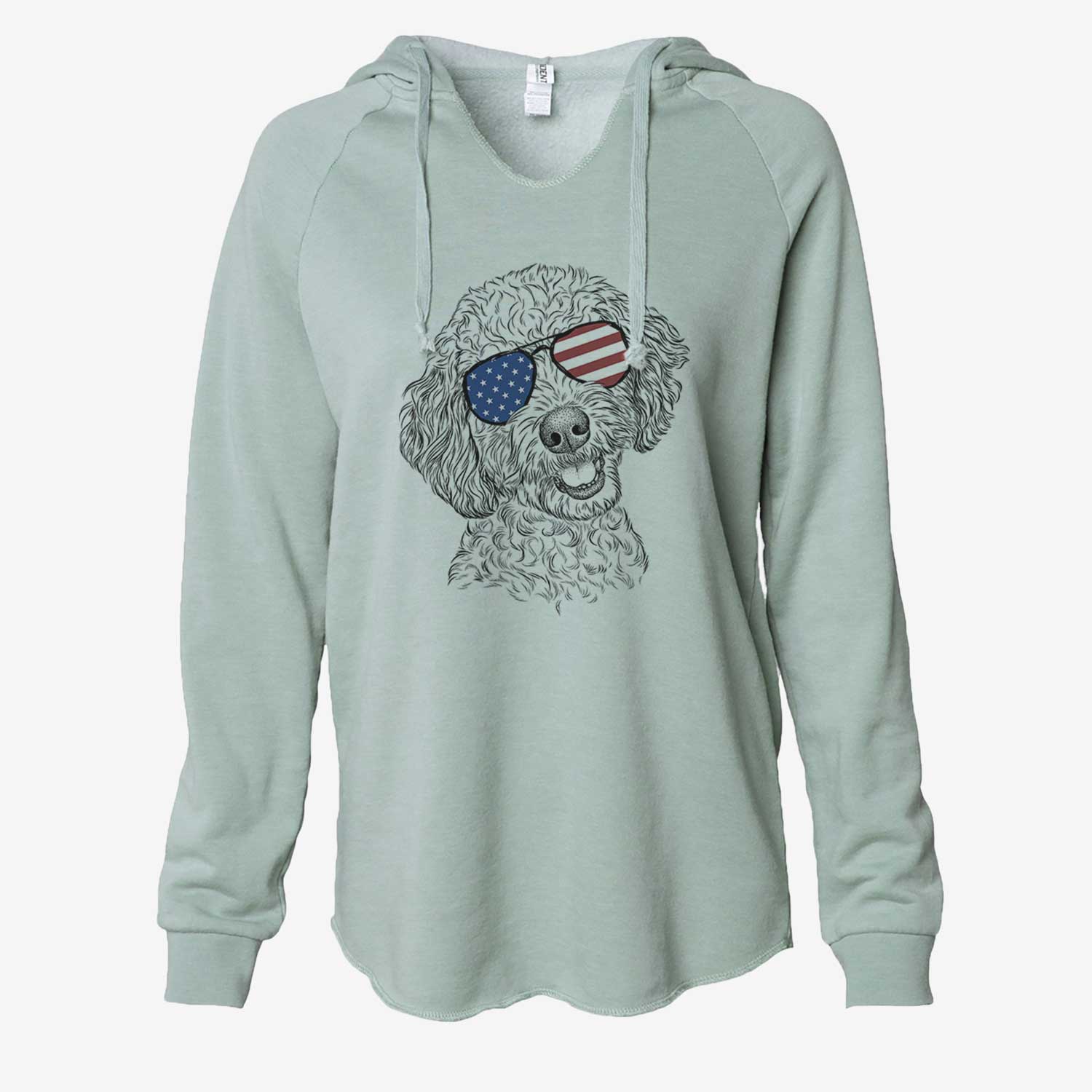 Hand-drawn sketch of Gizmo the Goldendoodle wearing American flag sunglasses on a Sage Cali Wave Hooded Sweatshirt