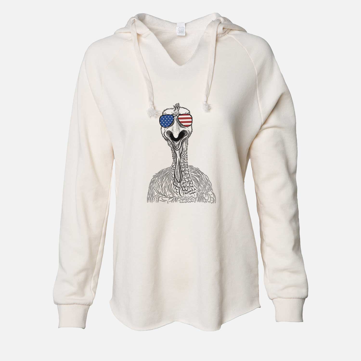 Hand-drawn sketch of Gobble the Turkey wearing American flag sunglasses on a Bone Cali Wave Hooded Sweatshirt