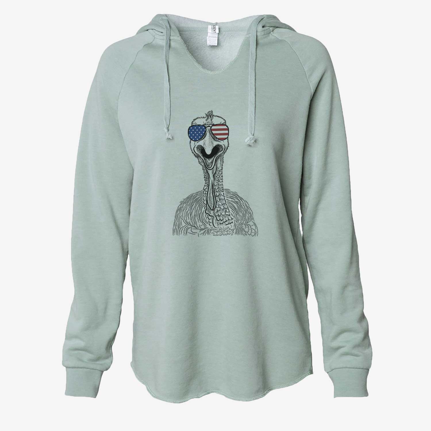Hand-drawn sketch of Gobble the Turkey wearing American flag sunglasses on a Sage Cali Wave Hooded Sweatshirt