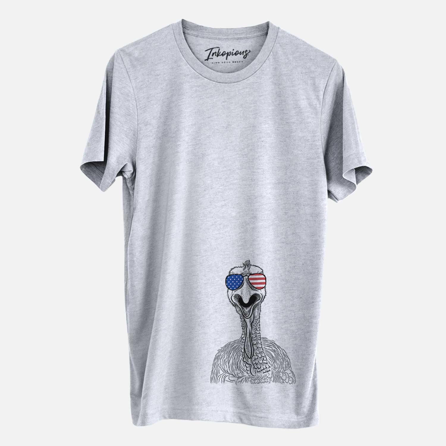 Hand-drawn sketch of Gobble the Turkey wearing American flag sunglasses on a Grey Unisex crewneck