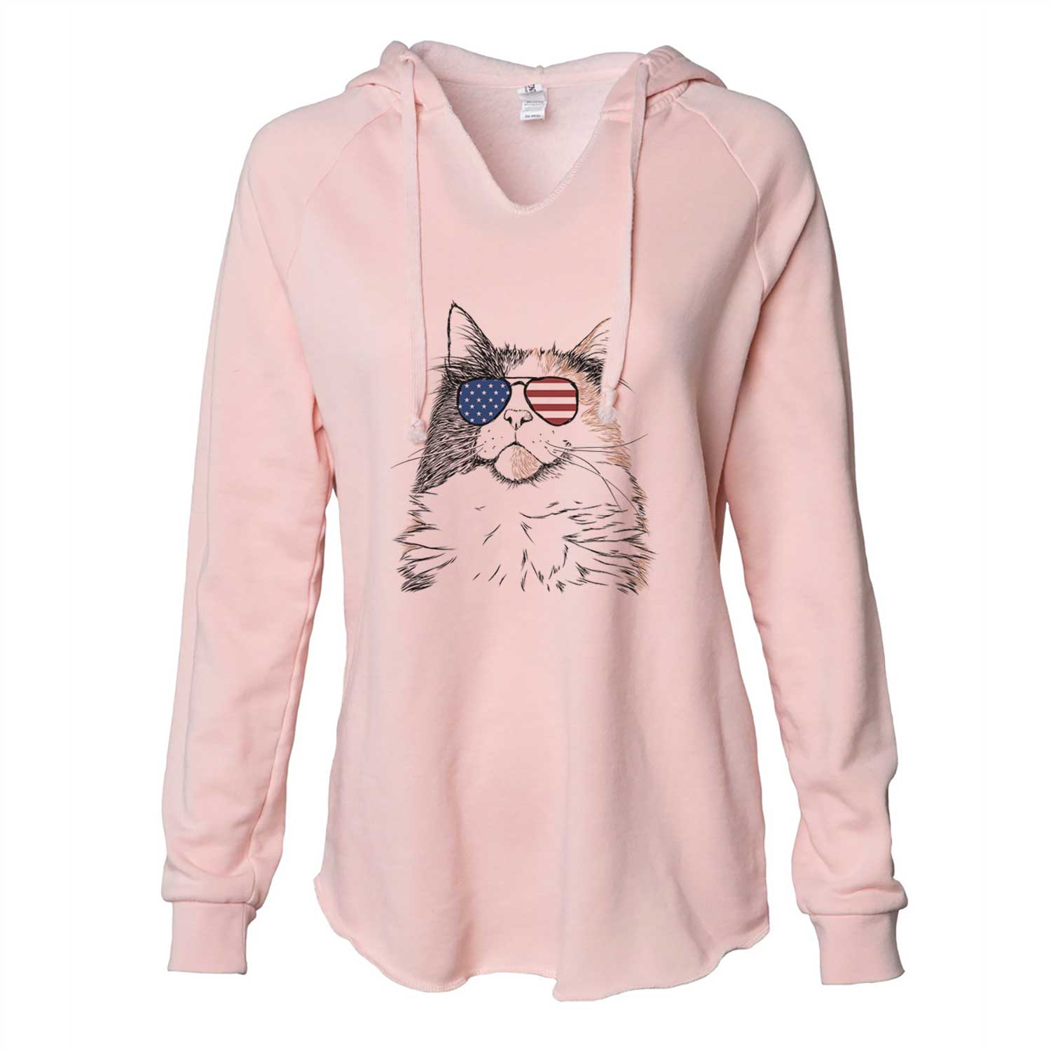 Hand-drawn sketch of Greta the Calico Cat wearing American flag sunglasses on a Blush Cali Wave Hooded Sweatshirt