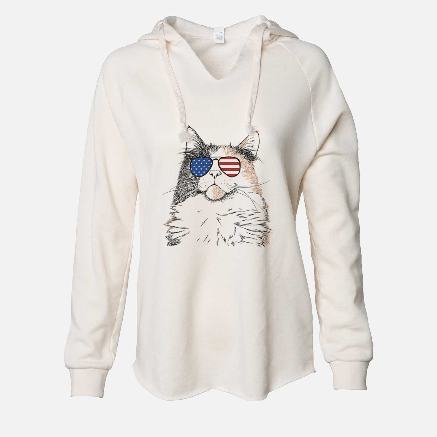 Hand-drawn sketch of Greta the Calico Cat wearing American flag sunglasses on a Bone Cali Wave Hooded Sweatshirt