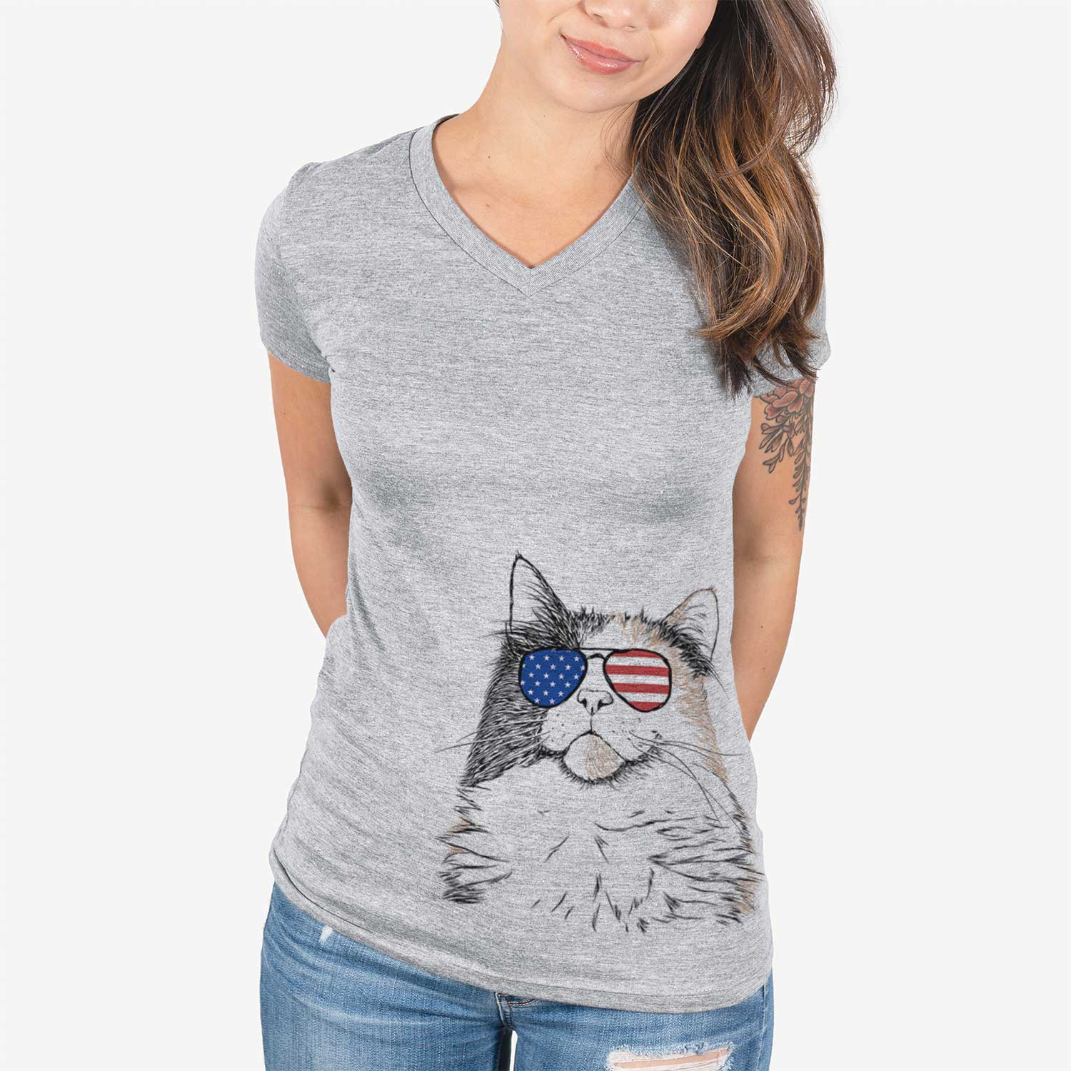 Patriotic Greta the Calico Cat - Women's V-neck Shirt