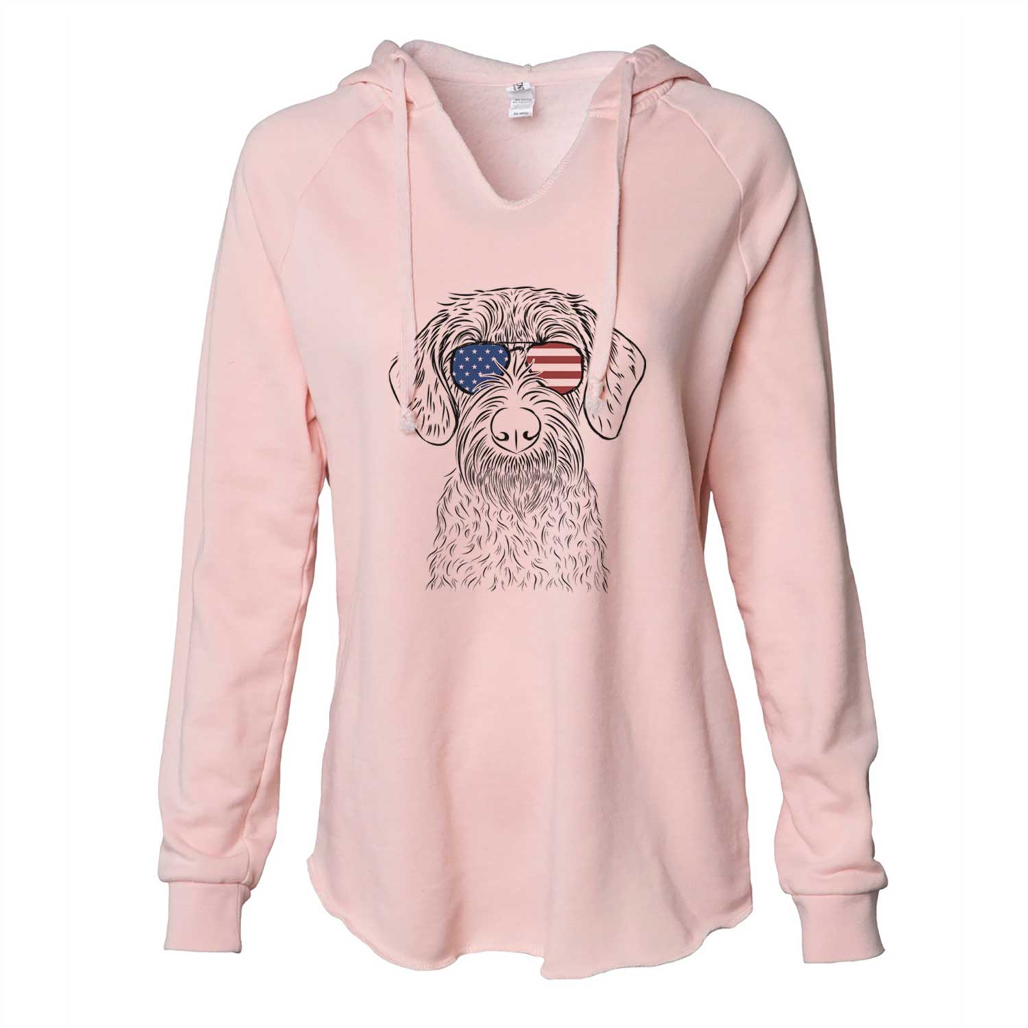 Hand-drawn sketch of Gus the German Wirehaired Pointer wearing American flag sunglasses on a Blush Cali Wave Hooded Sweatshirt