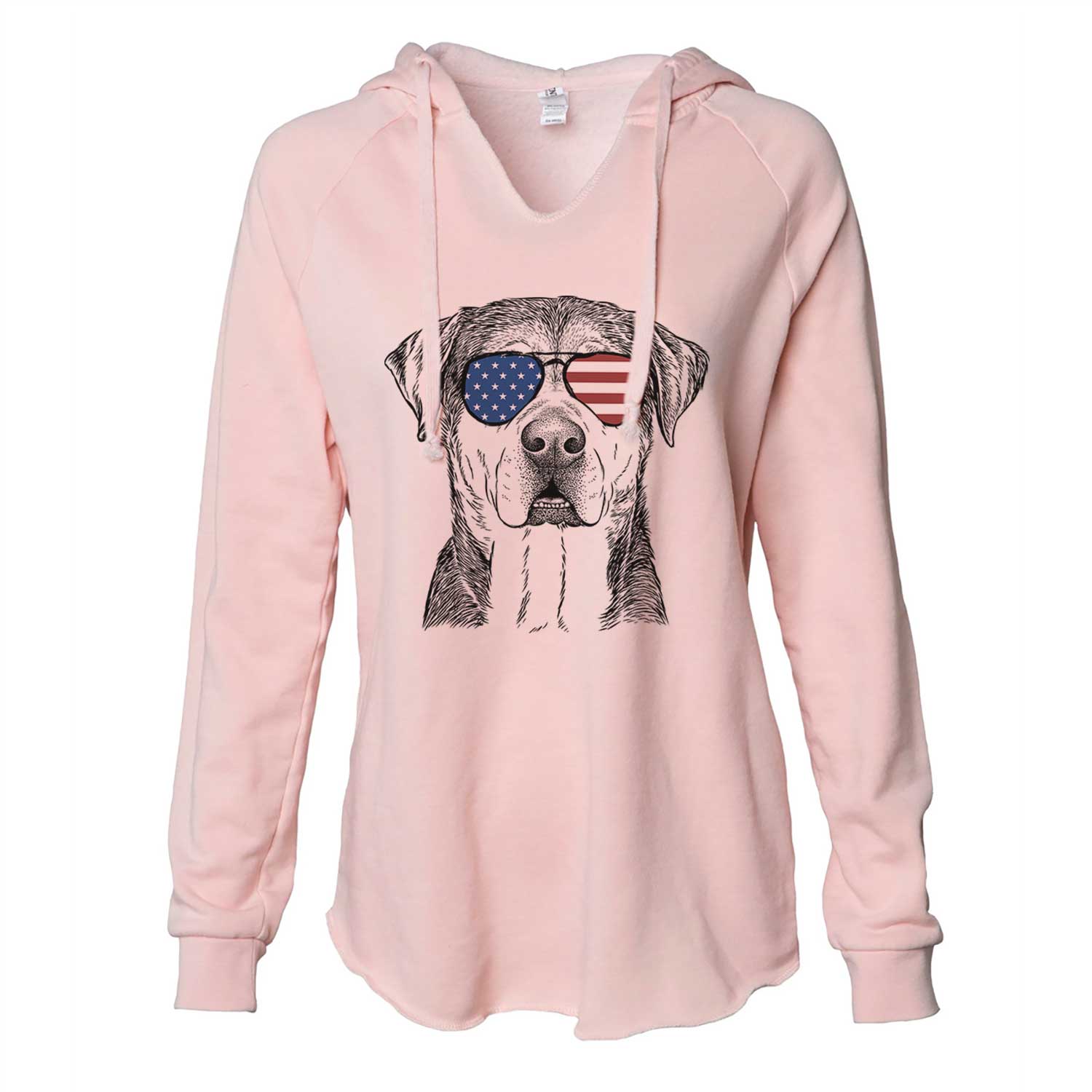Hand-drawn sketch of Gus the Rottweiler Mix wearing American flag sunglasses on a Blush Cali Wave Hooded Sweatshirt