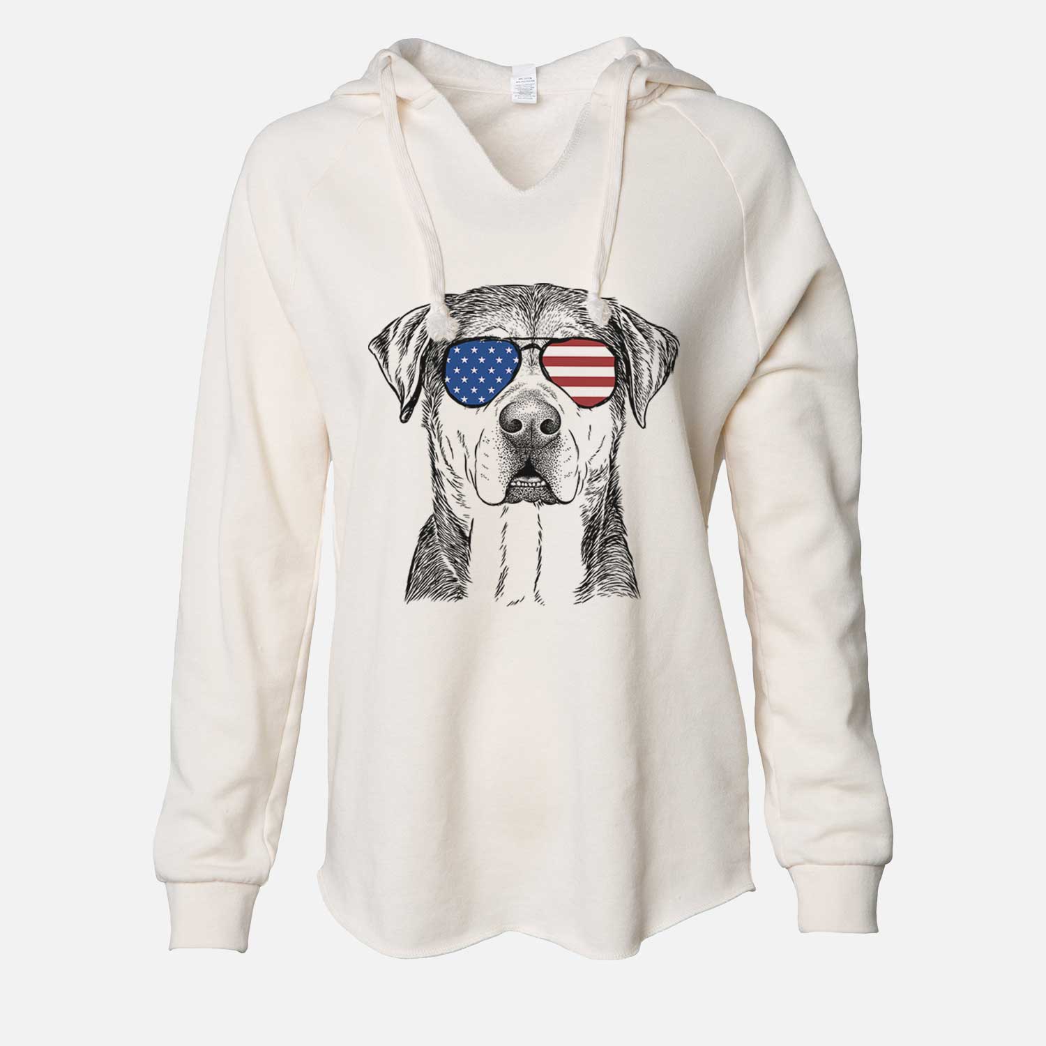 Hand-drawn sketch of Gus the Rottweiler Mix wearing American flag sunglasses on a Bone Cali Wave Hooded Sweatshirt