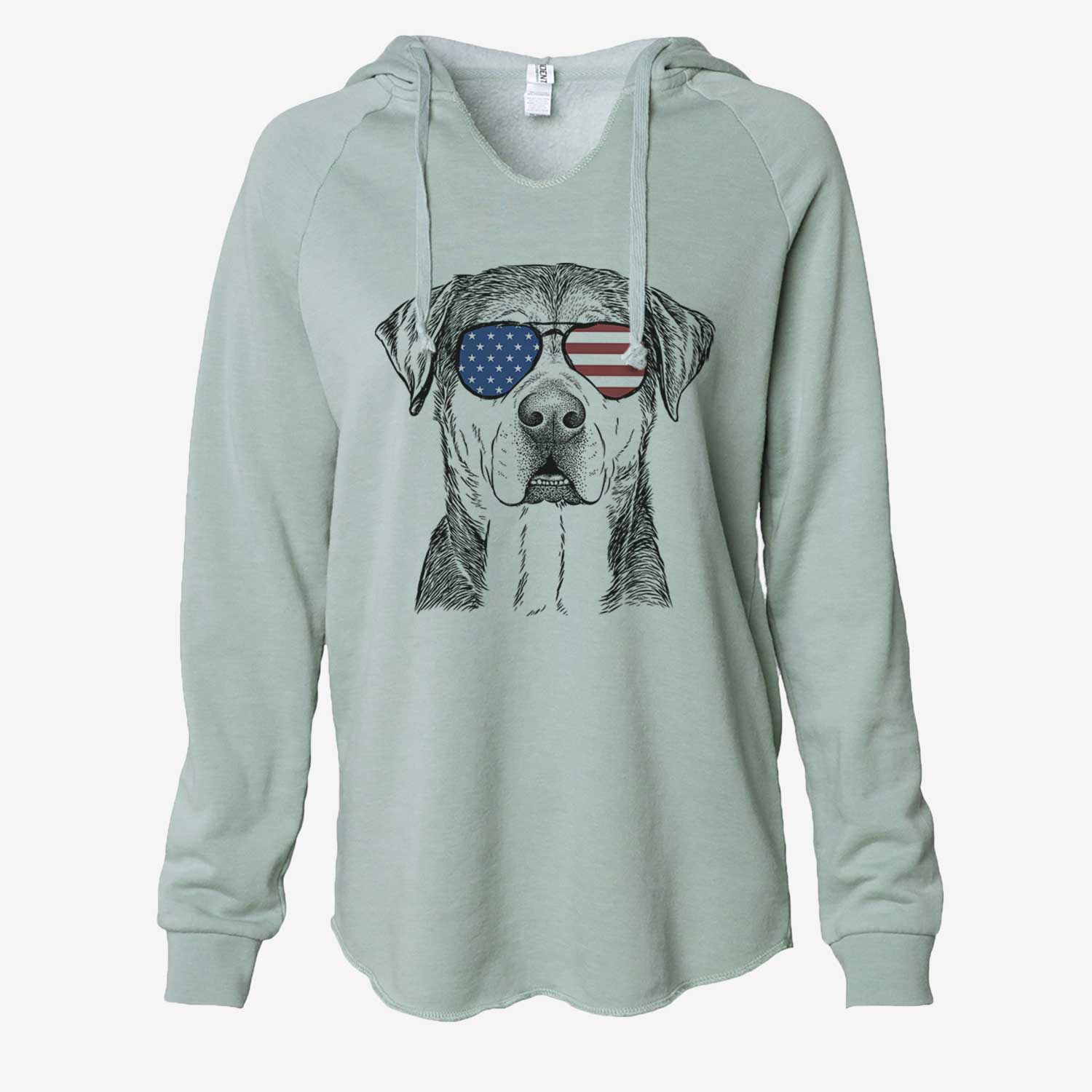 Hand-drawn sketch of Gus the Rottweiler Mix wearing American flag sunglasses on a Sage Cali Wave Hooded Sweatshirt
