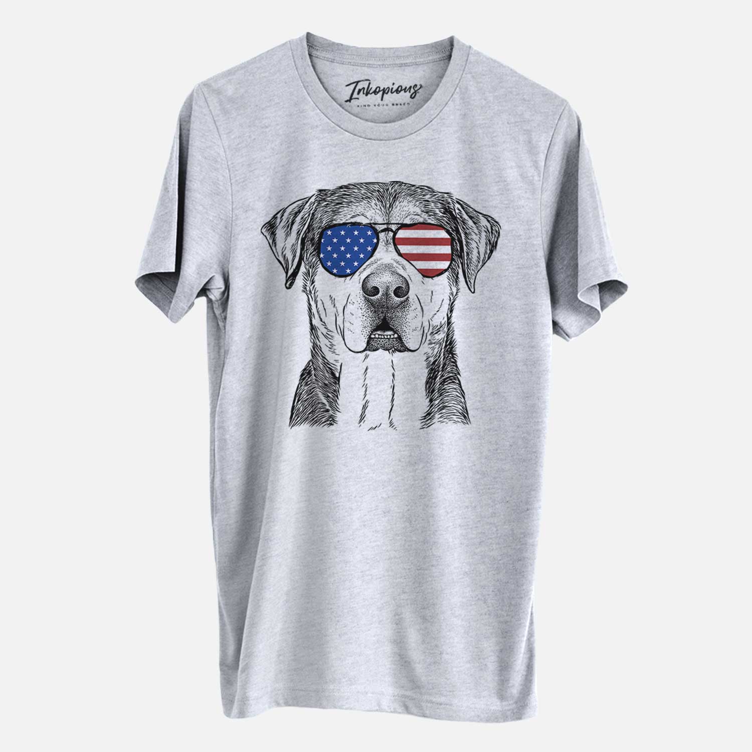 Hand-drawn sketch of Gus the Rottweiler Mix wearing American flag sunglasses on a Grey Unisex crewneck