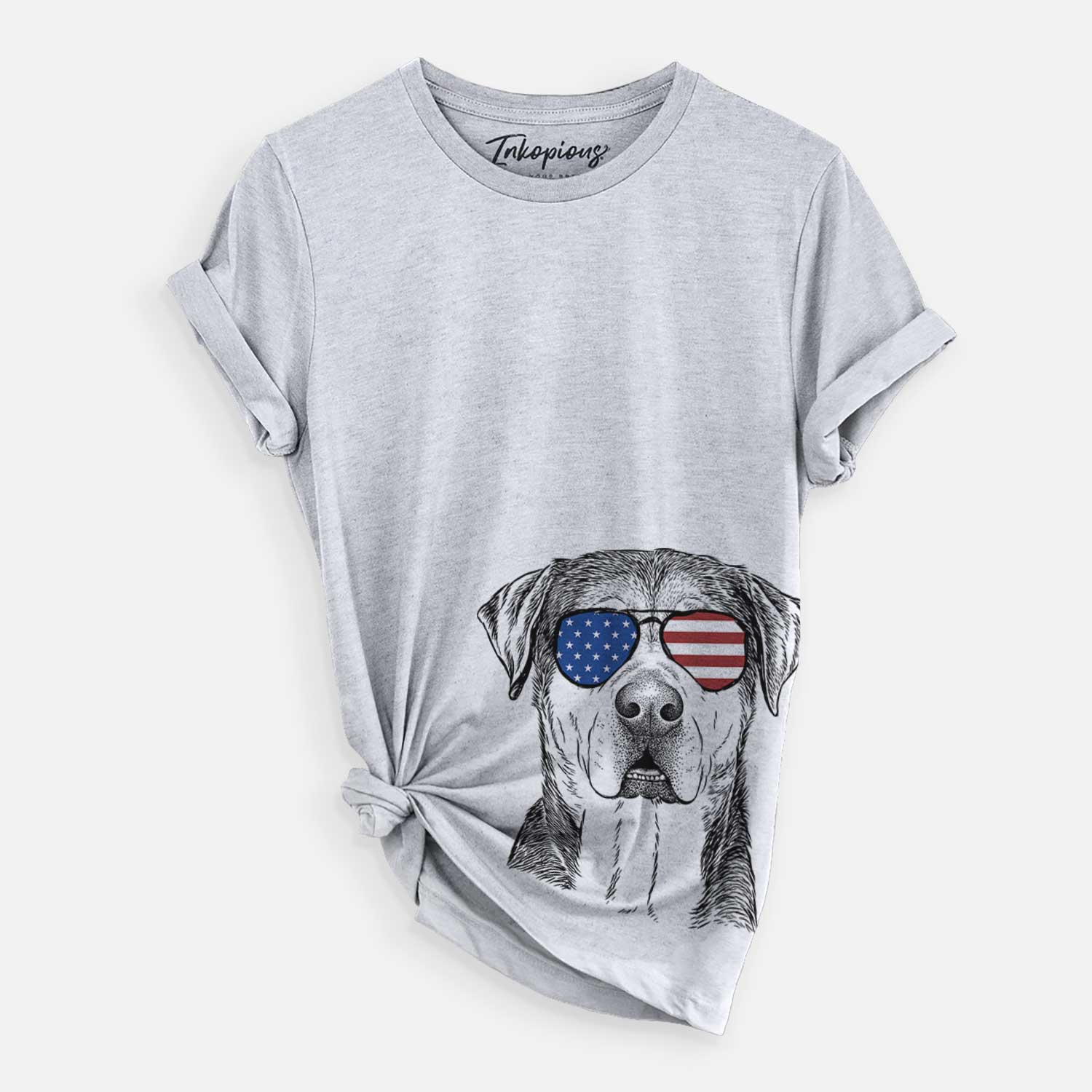 Hand-drawn sketch of Gus the Rottweiler Mix wearing American flag sunglasses on a Grey Unisex crewneck