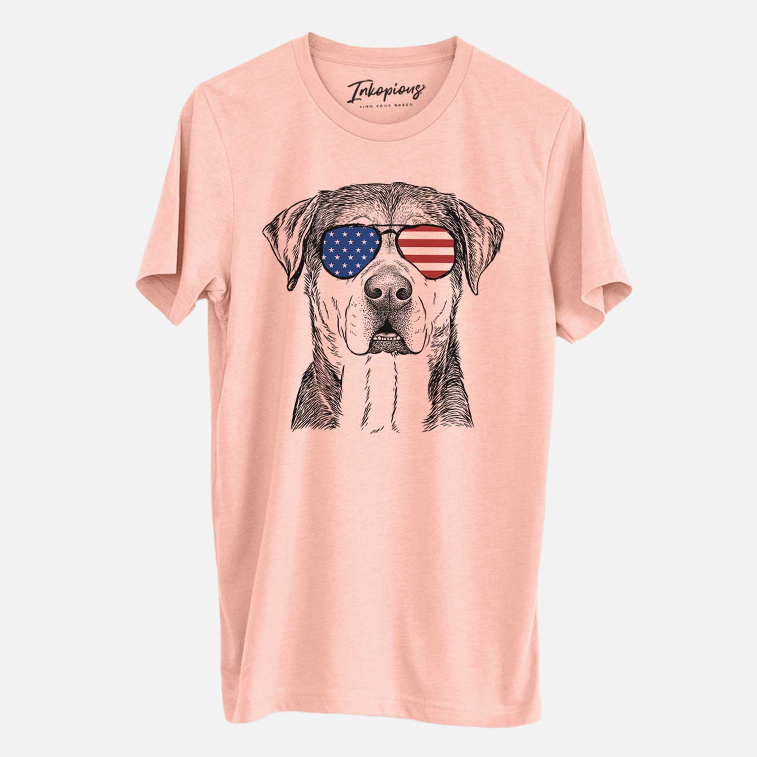 Hand-drawn sketch of Gus the Rottweiler Mix wearing American flag sunglasses on a Peach Unisex crewneck