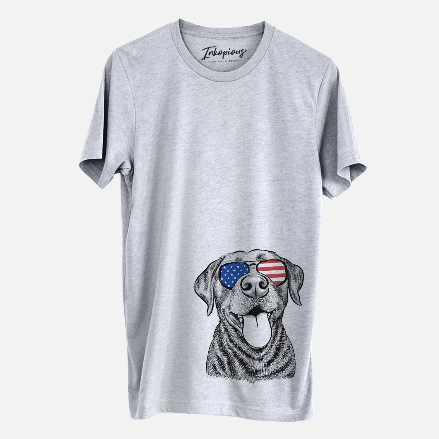 Hand-drawn sketch of Gwen the Labrador Retriever wearing American flag sunglasses on a Grey Unisex crewneck