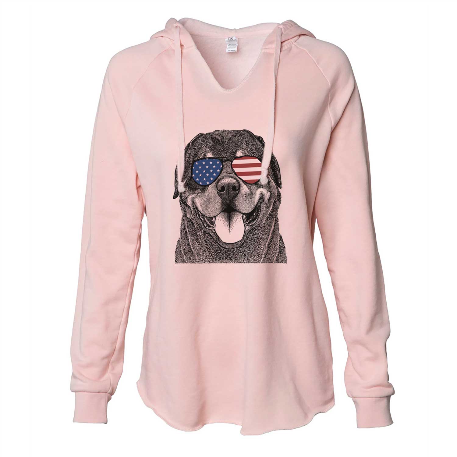 Hand-drawn sketch of Hagan the Rottweiler wearing American flag sunglasses on a Blush Cali Wave Hooded Sweatshirt