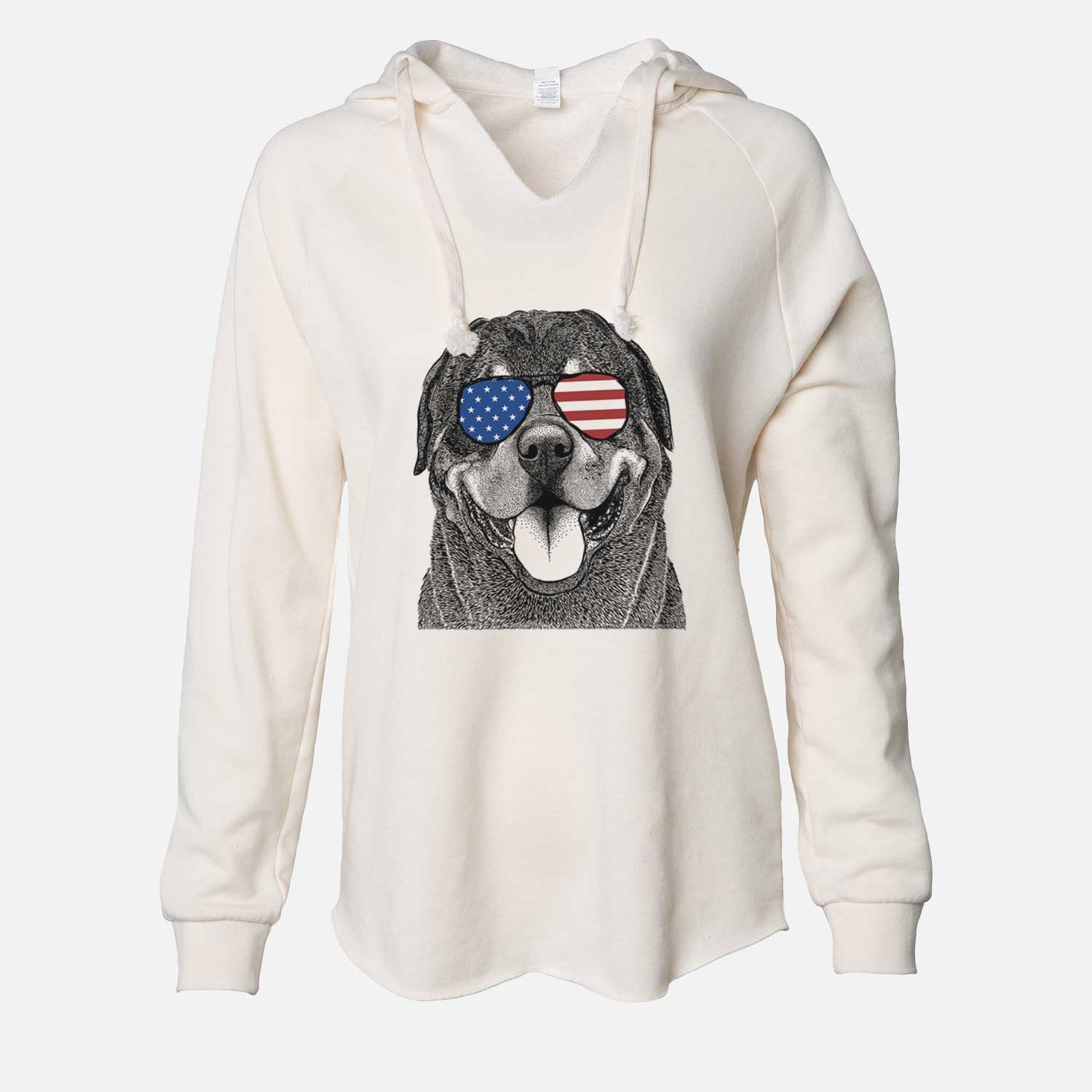 Hand-drawn sketch of Hagan the Rottweiler wearing American flag sunglasses on a Bone Cali Wave Hooded Sweatshirt