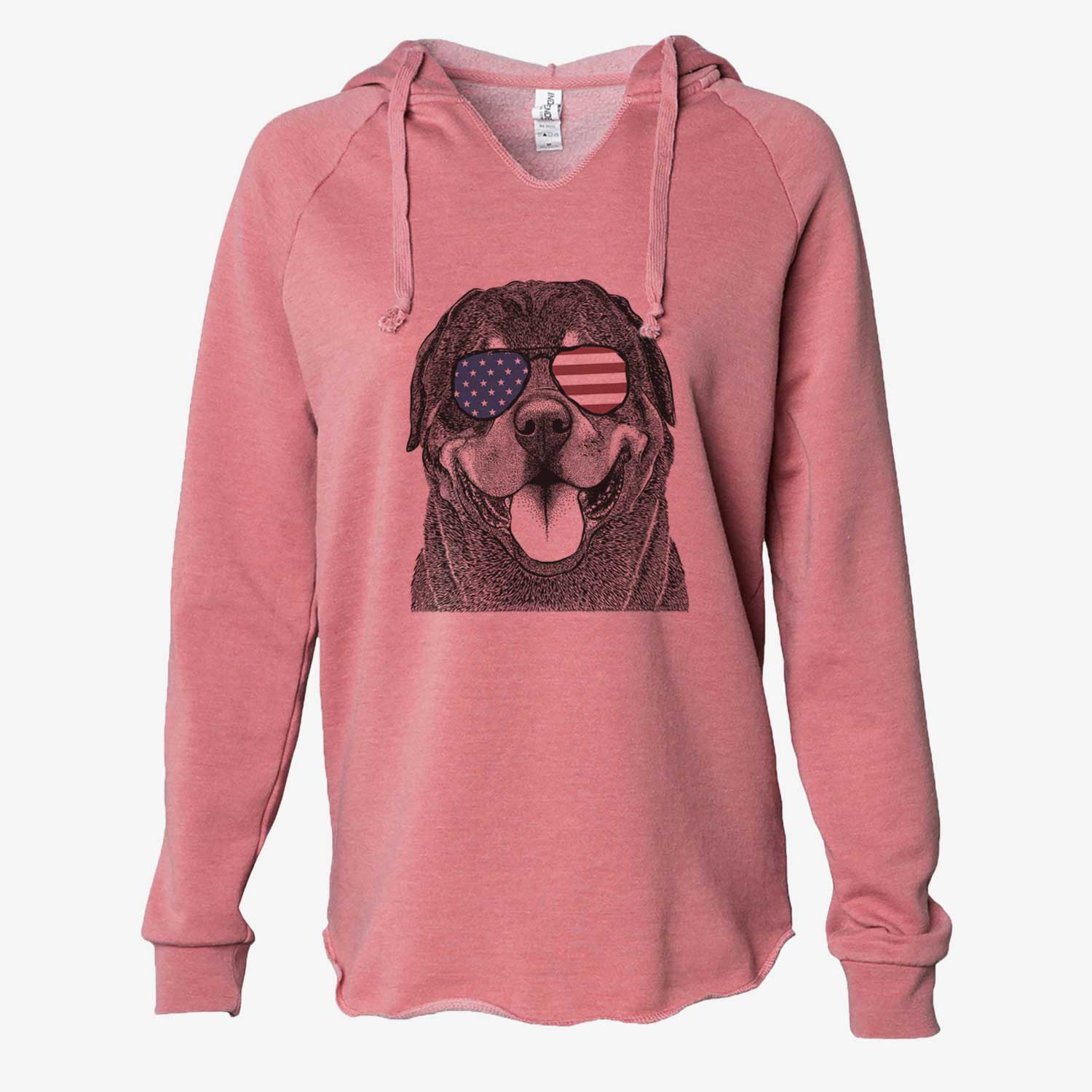Hand-drawn sketch of Hagan the Rottweiler wearing American flag sunglasses on a Dusty Rose Cali Wave Hooded Sweatshirt