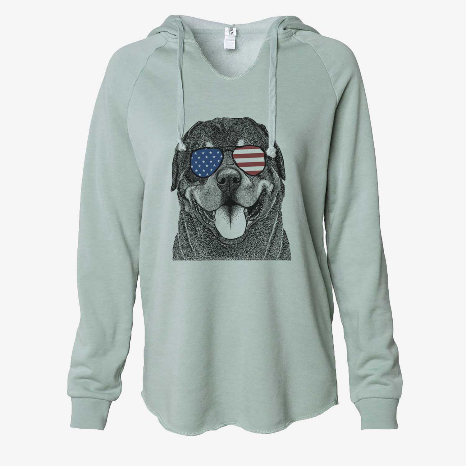 Hand-drawn sketch of Hagan the Rottweiler wearing American flag sunglasses on a Sage Cali Wave Hooded Sweatshirt