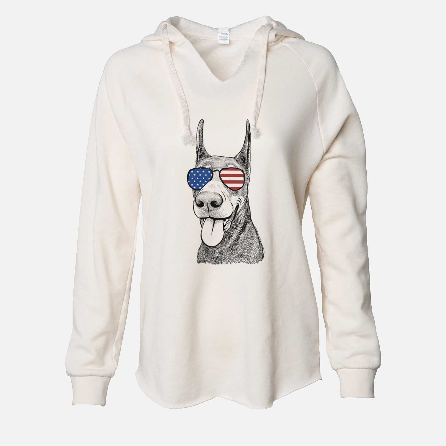 Hand-drawn sketch of Happy Sunny the Doberman Pinscher wearing American flag sunglasses on a Bone Cali Wave Hooded Sweatshirt
