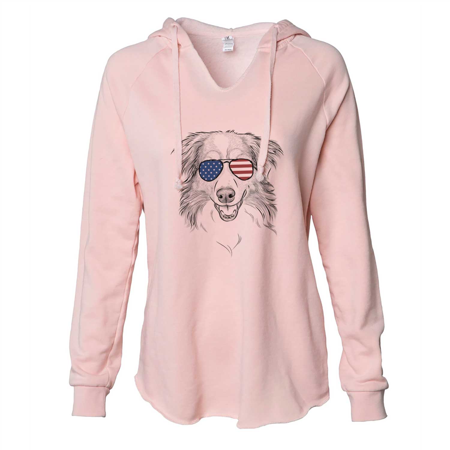 Hand-drawn sketch of Hattie the Australian Shepherd wearing American flag sunglasses on a Blush Cali Wave Hooded Sweatshirt