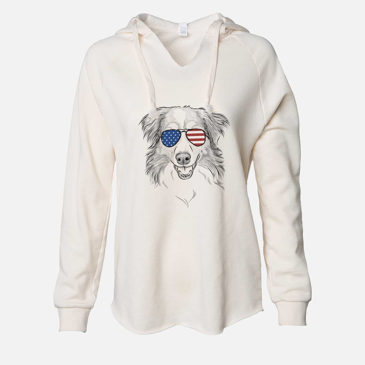 Hand-drawn sketch of Hattie the Australian Shepherd wearing American flag sunglasses on a Bone Cali Wave Hooded Sweatshirt
