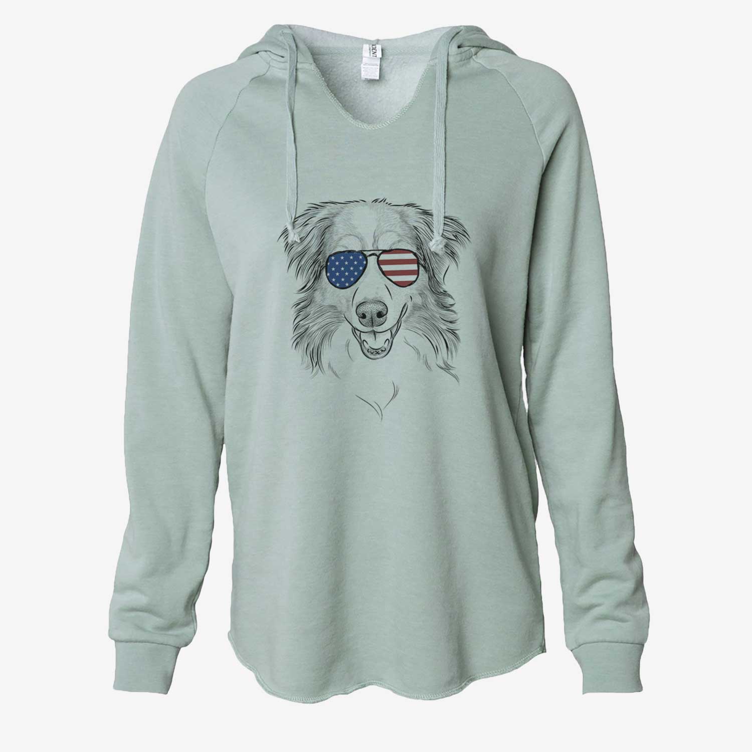 Hand-drawn sketch of Hattie the Australian Shepherd wearing American flag sunglasses on a Sage Cali Wave Hooded Sweatshirt