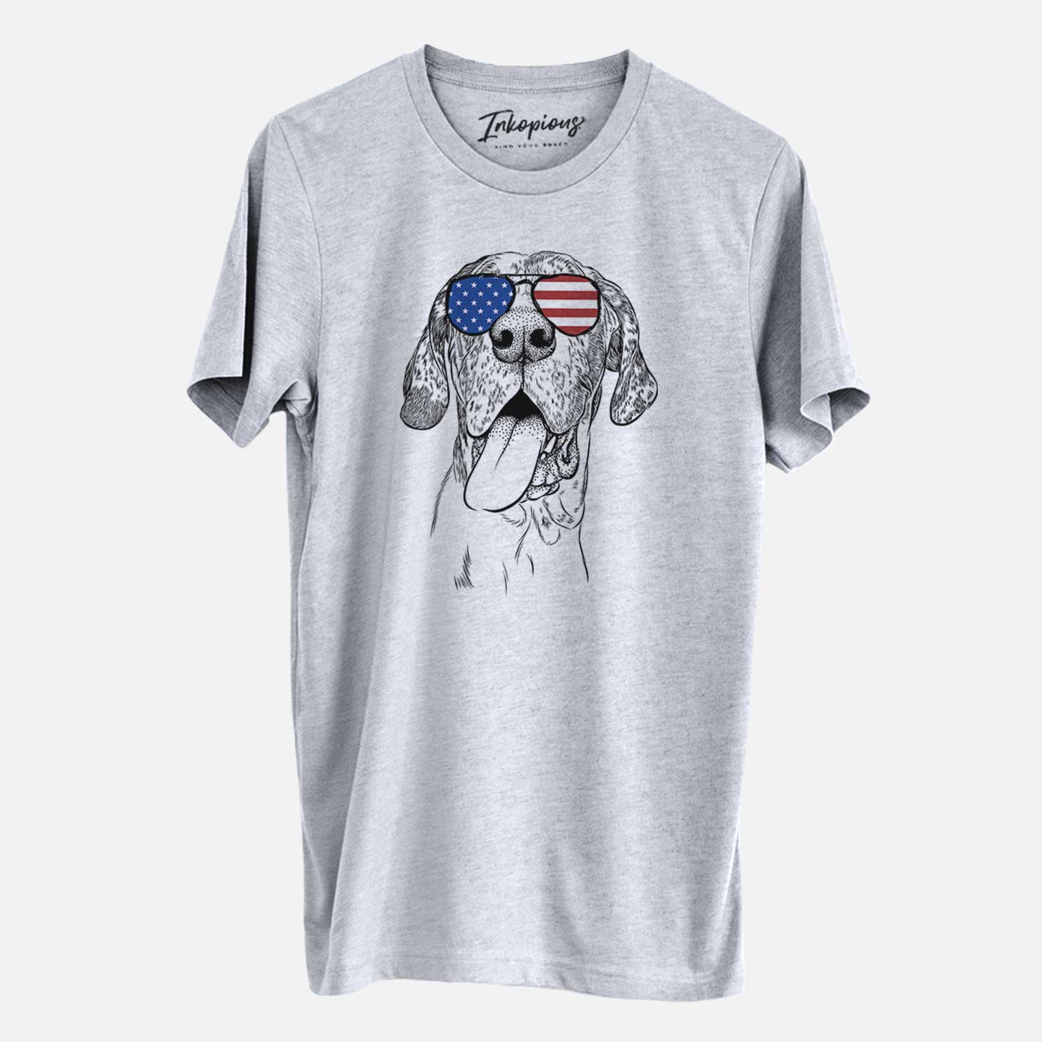 Hand-drawn sketch of Hennessey the Great Dane wearing American flag sunglasses on a Grey Unisex crewneck