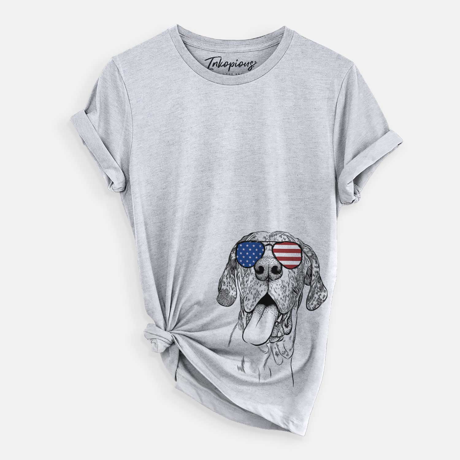 Hand-drawn sketch of Hennessey the Great Dane wearing American flag sunglasses on a Grey Unisex crewneck