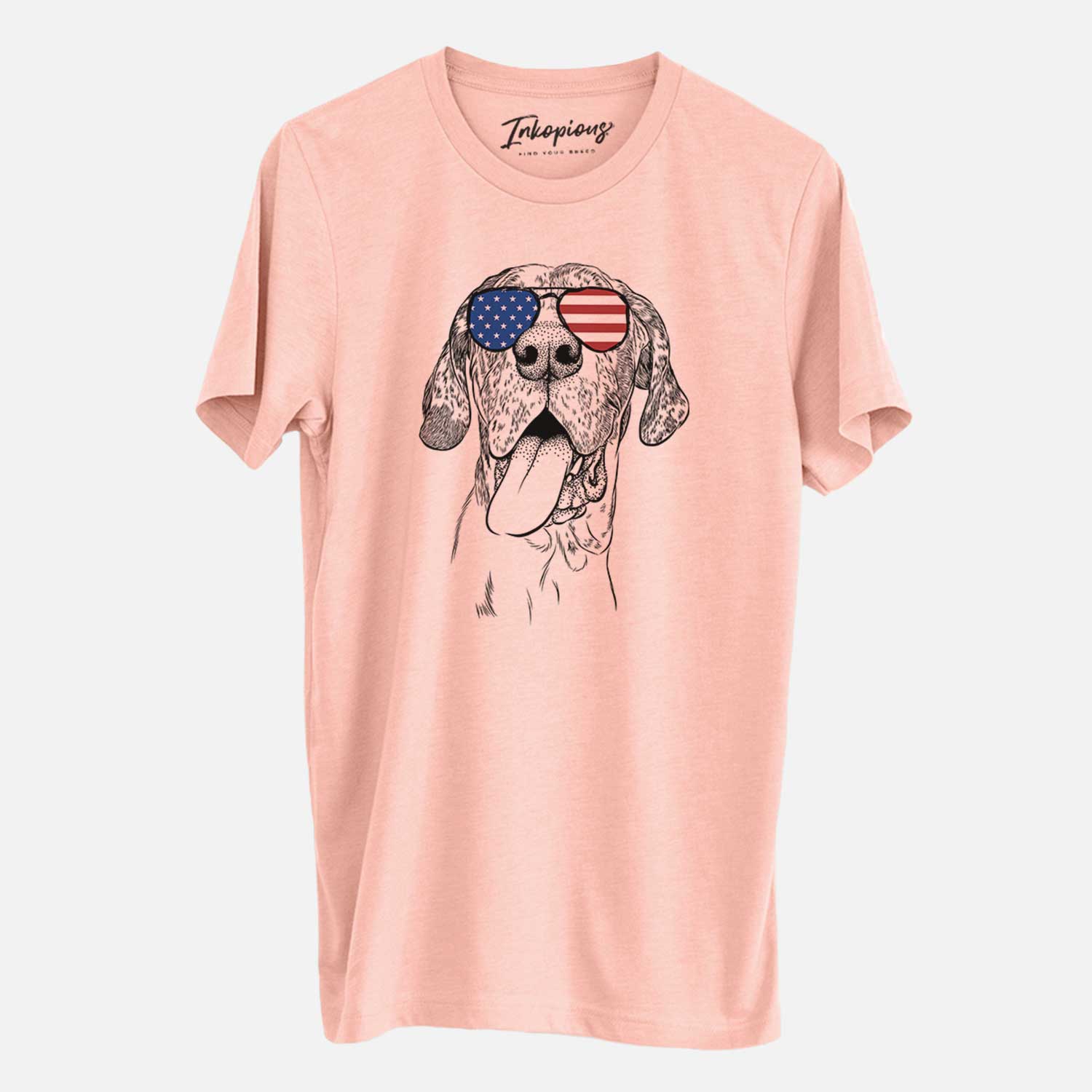 Hand-drawn sketch of Hennessey the Great Dane wearing American flag sunglasses on a Peach Unisex crewneck