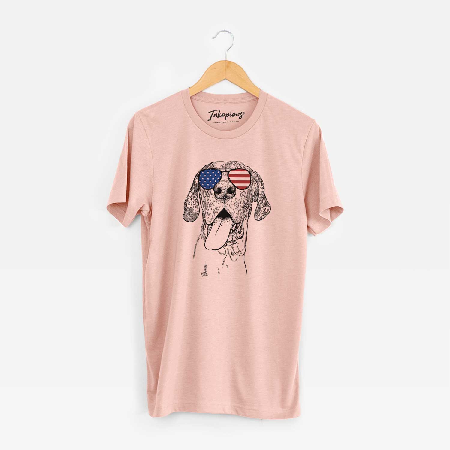 Hand-drawn sketch of Hennessey the Great Dane wearing American flag sunglasses on a Peach Unisex crewneck